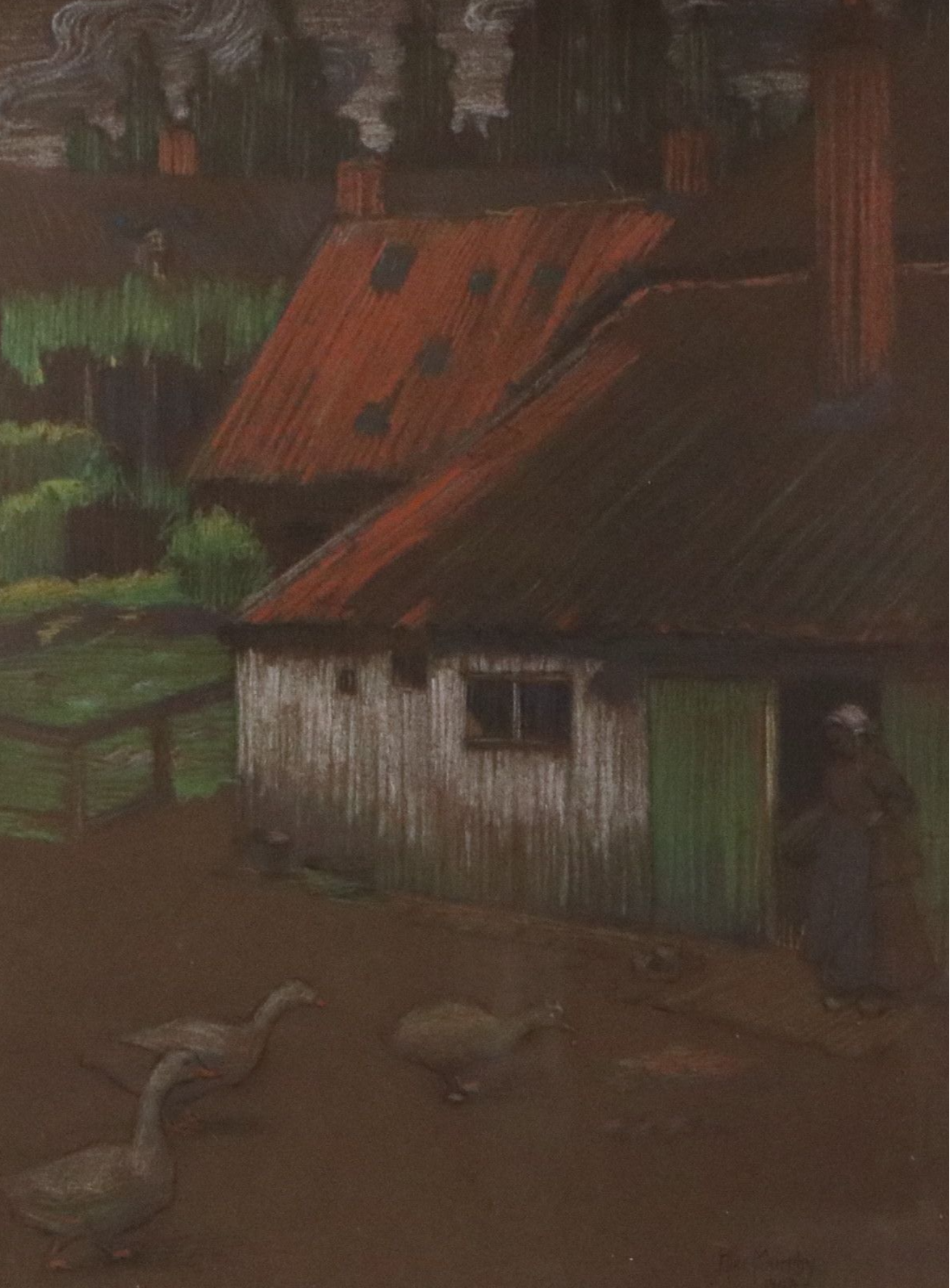 Alice Murphy Chalk Pastel Drawing of Farm Scene with Geese, 1903