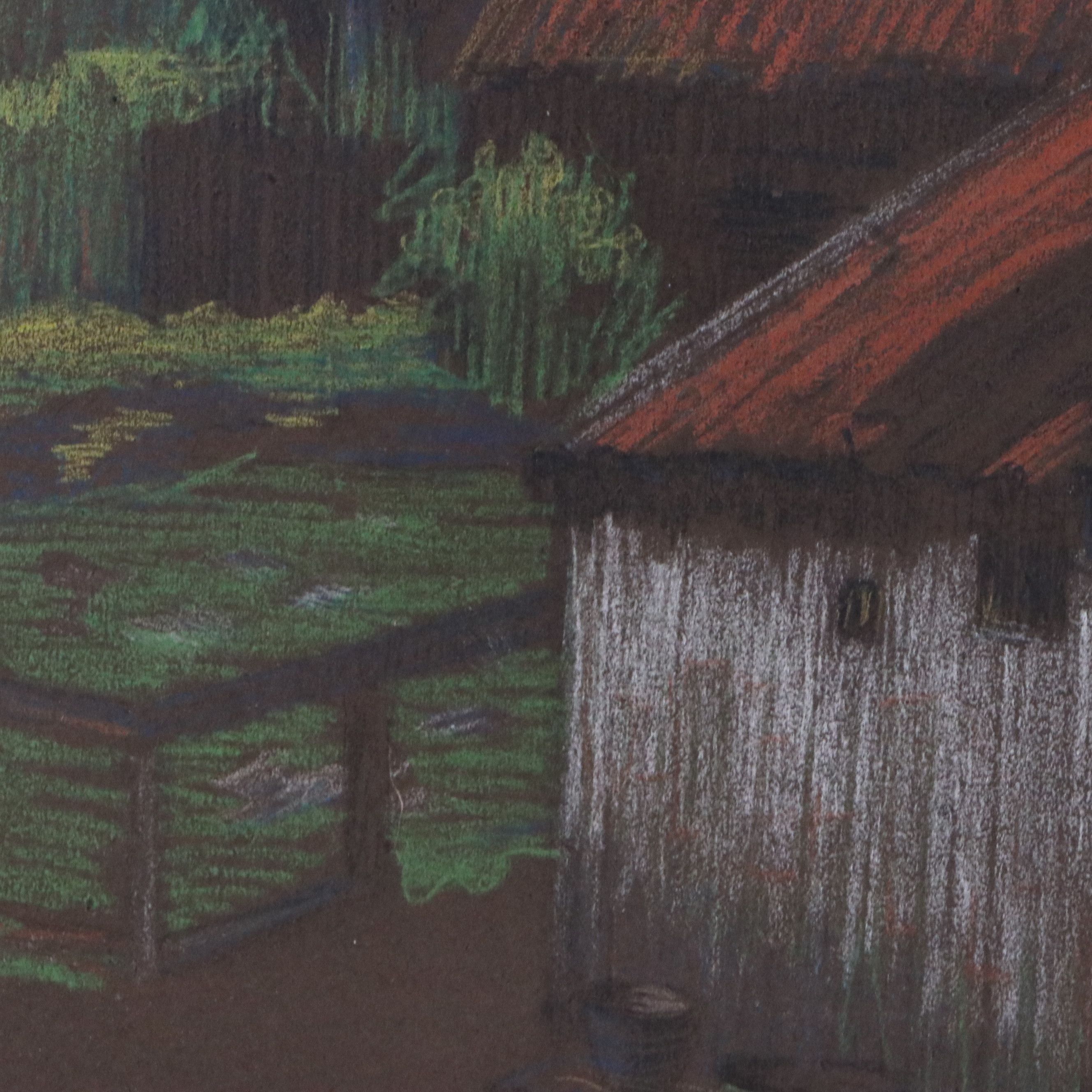 Alice Murphy Chalk Pastel Drawing of Farm Scene with Geese, 1903