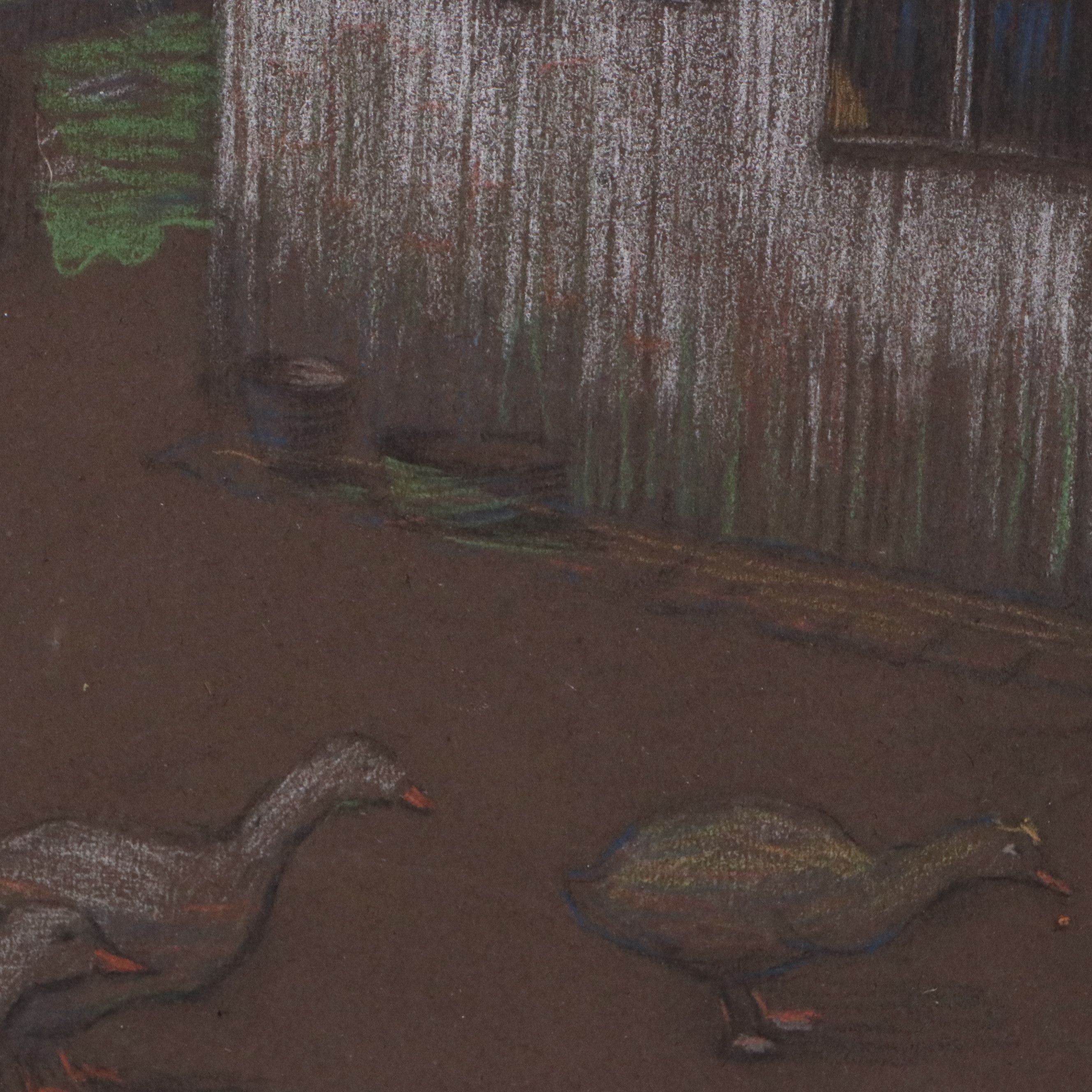 Alice Murphy Chalk Pastel Drawing of Farm Scene with Geese, 1903