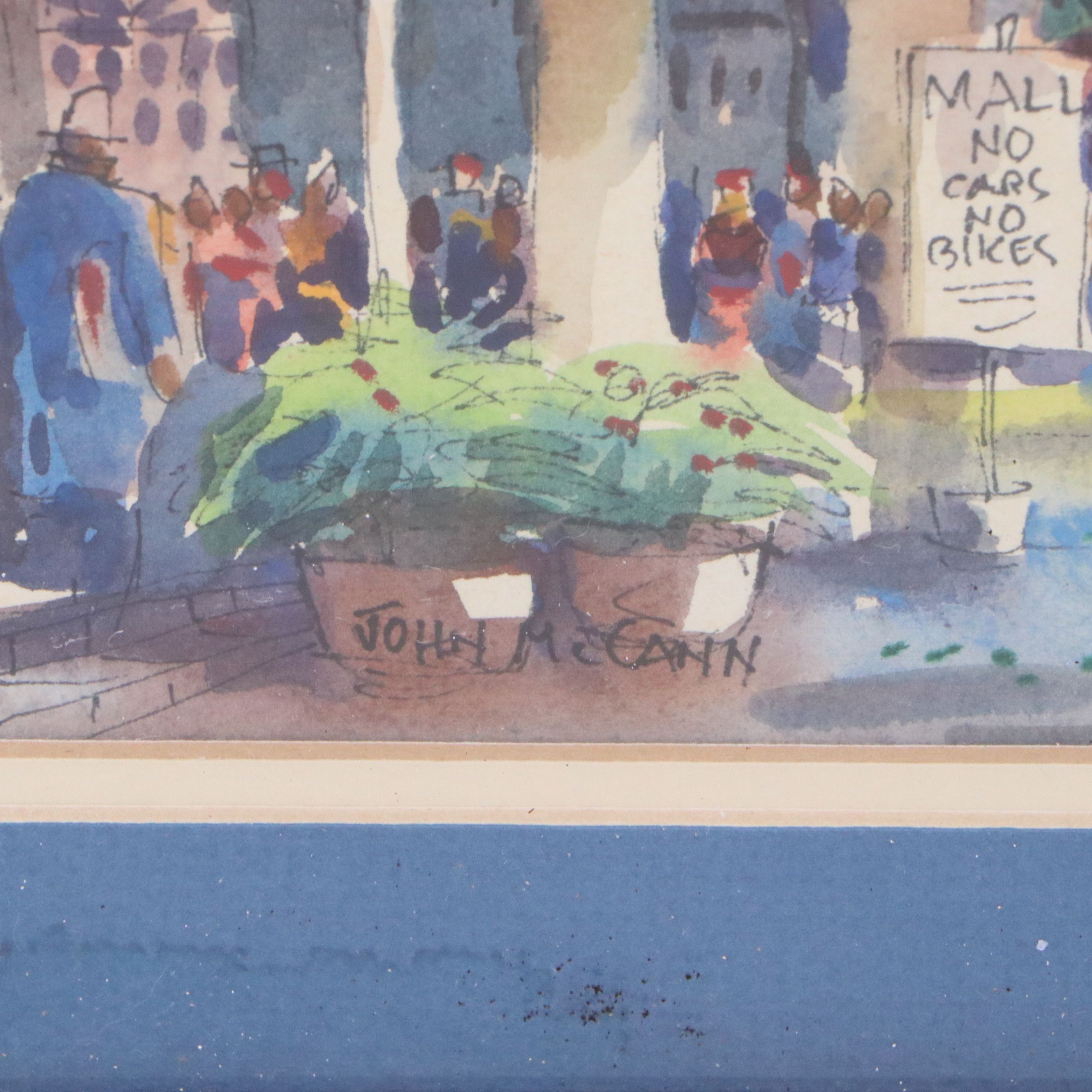 Pair of John McCann Watercolor Paintings of Street Scenes, Late 20th Century