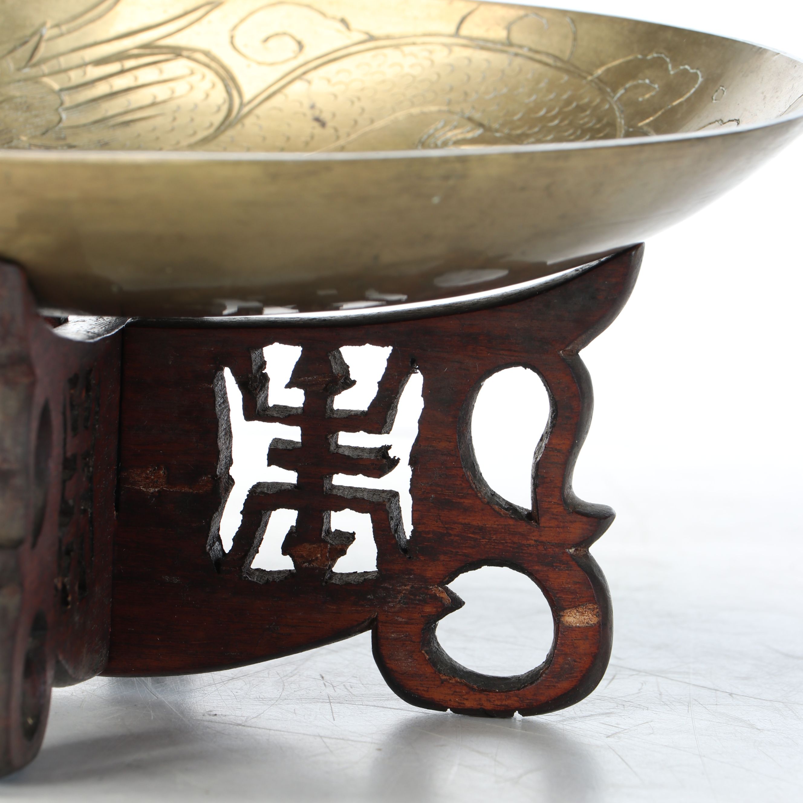Chinese Etched Dragon Brass Low Bowl with Rosewood Stand