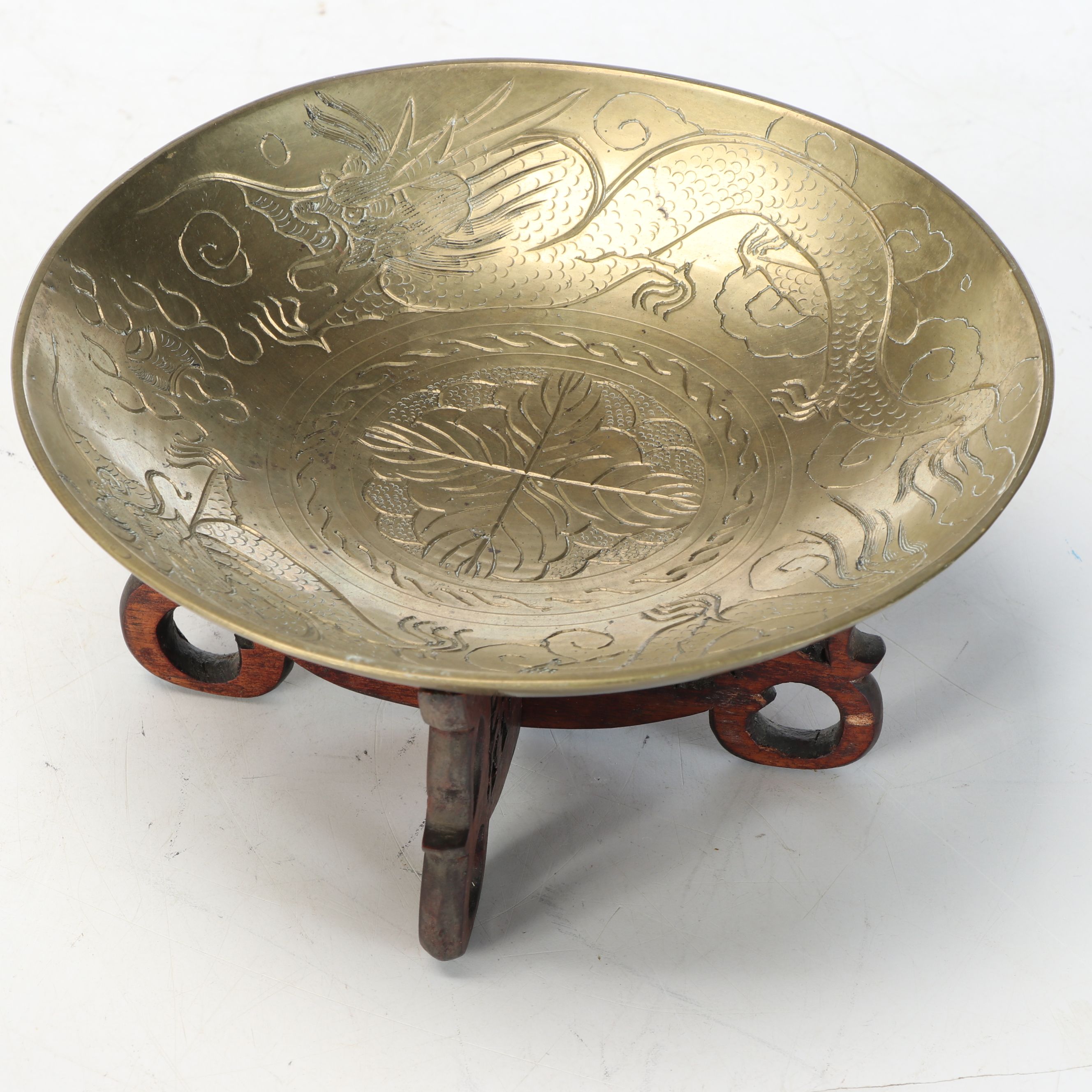 Chinese Etched Dragon Brass Low Bowl with Rosewood Stand