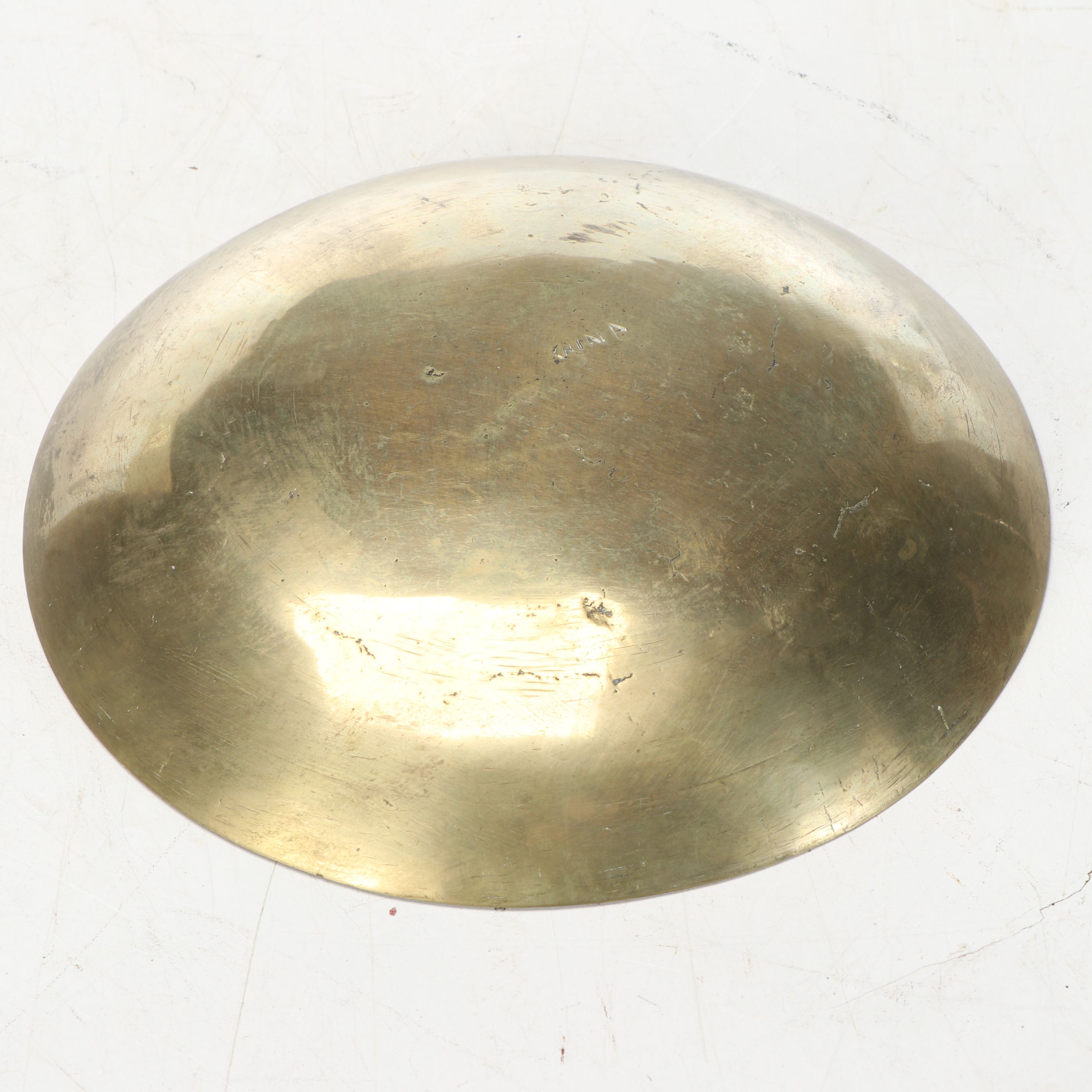 Chinese Etched Dragon Brass Low Bowl with Rosewood Stand