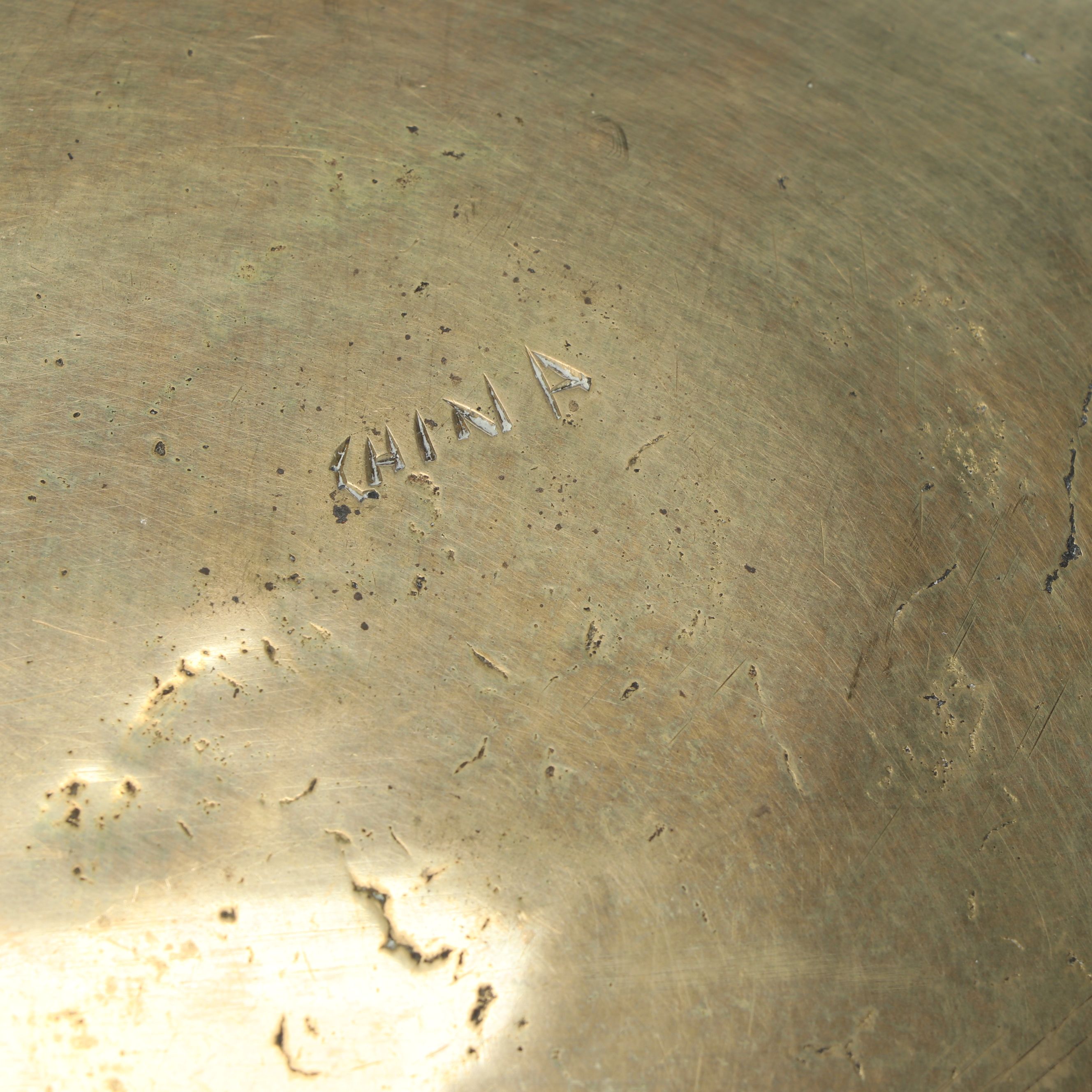 Chinese Etched Dragon Brass Low Bowl with Rosewood Stand