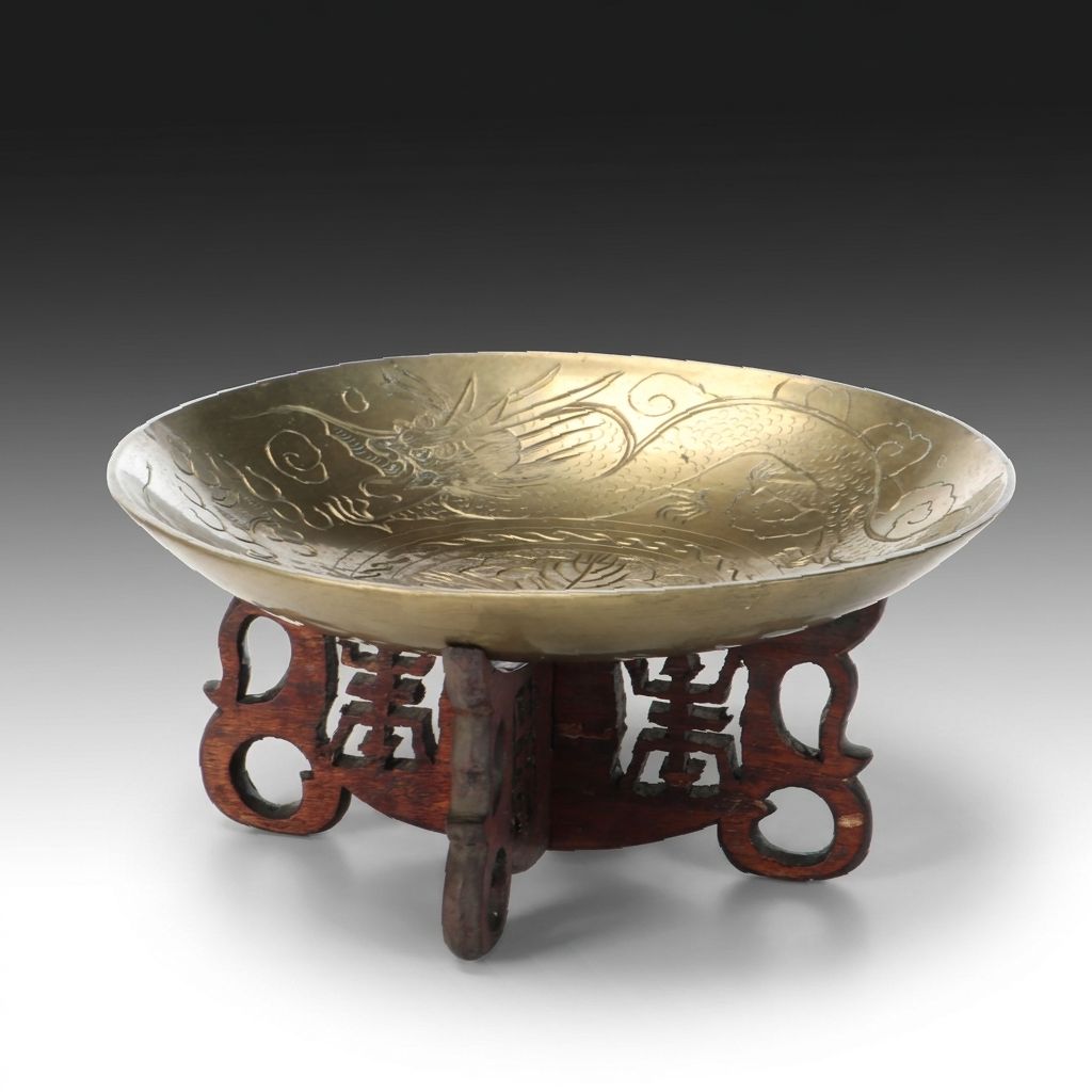 Chinese Etched Dragon Brass Low Bowl with Rosewood Stand