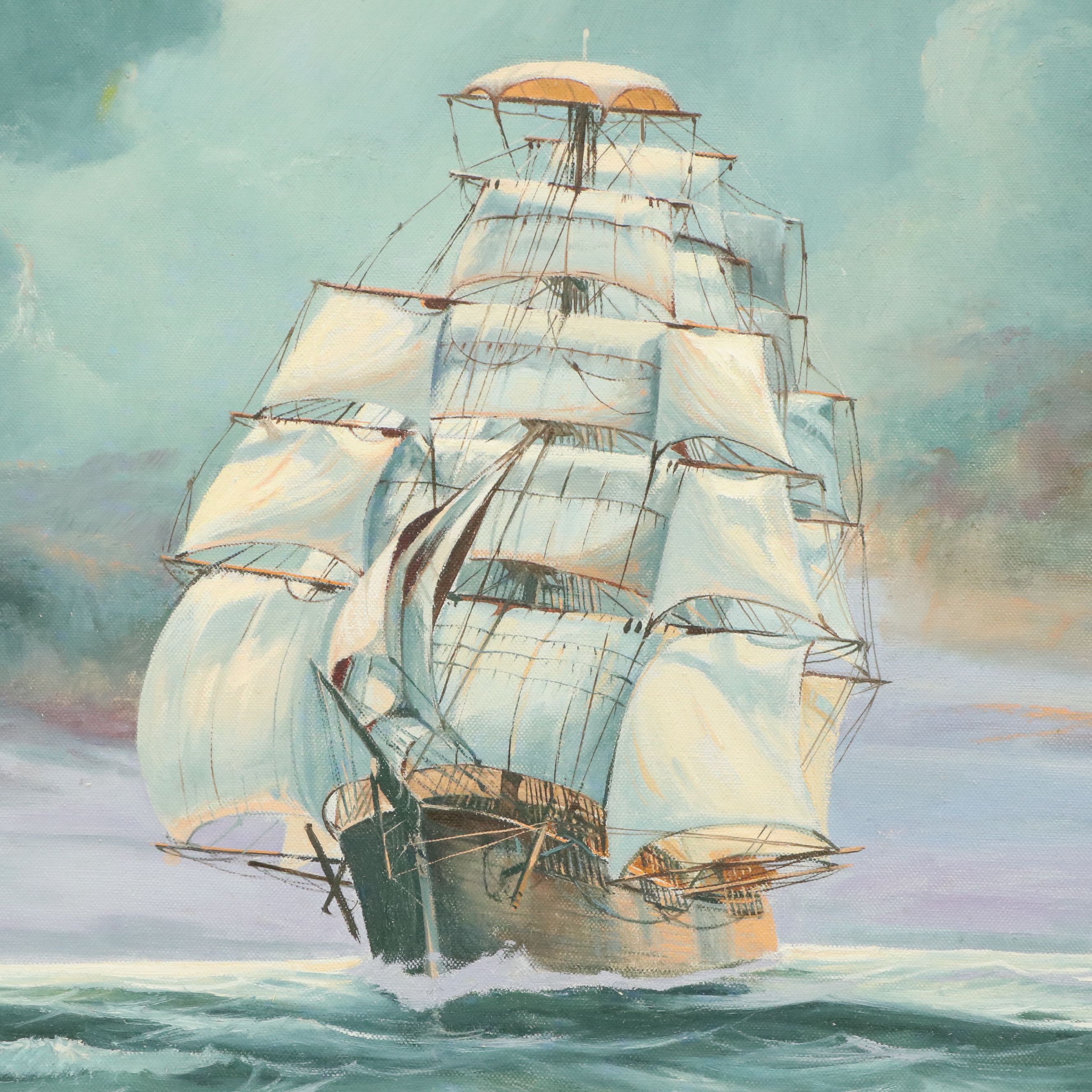 Robert P. Wheeler Oil Painting Clipper Ship at Sea, Early 20th Century