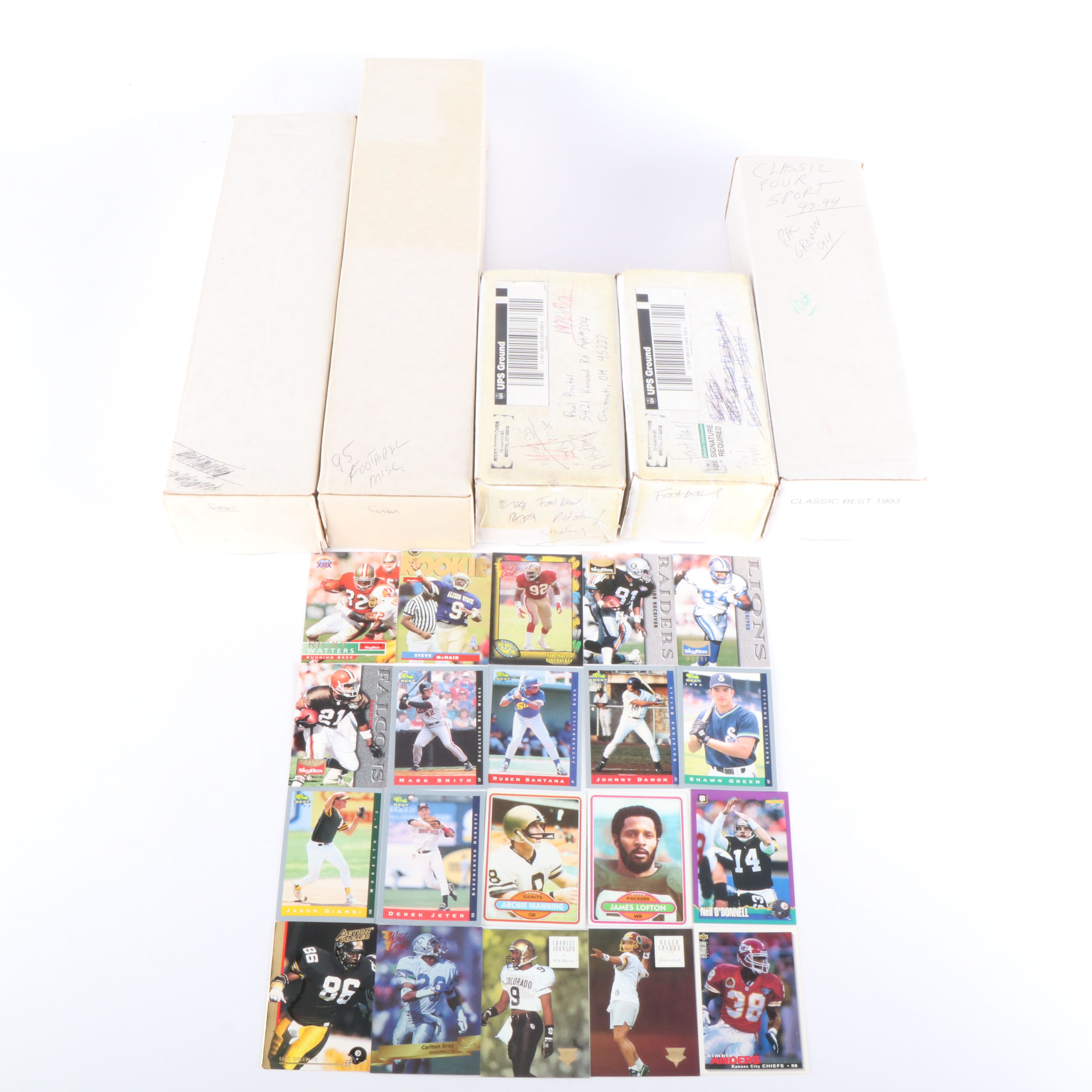 Four Boxes of Football Cards and One Box of Minor League Baseball Cards