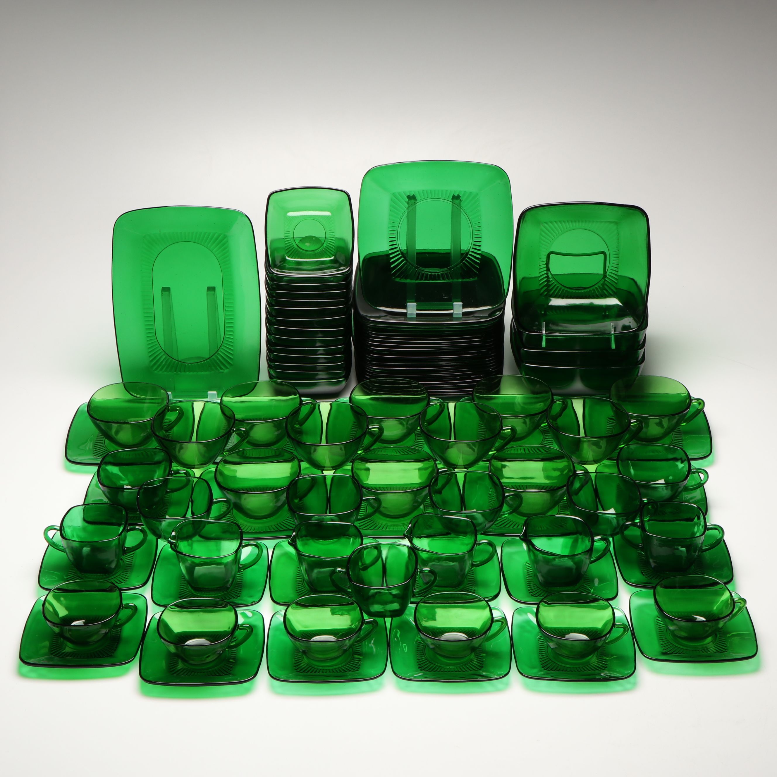 Anchor Hocking "Charm" Glass Dinnerware with Green Vereco Cups