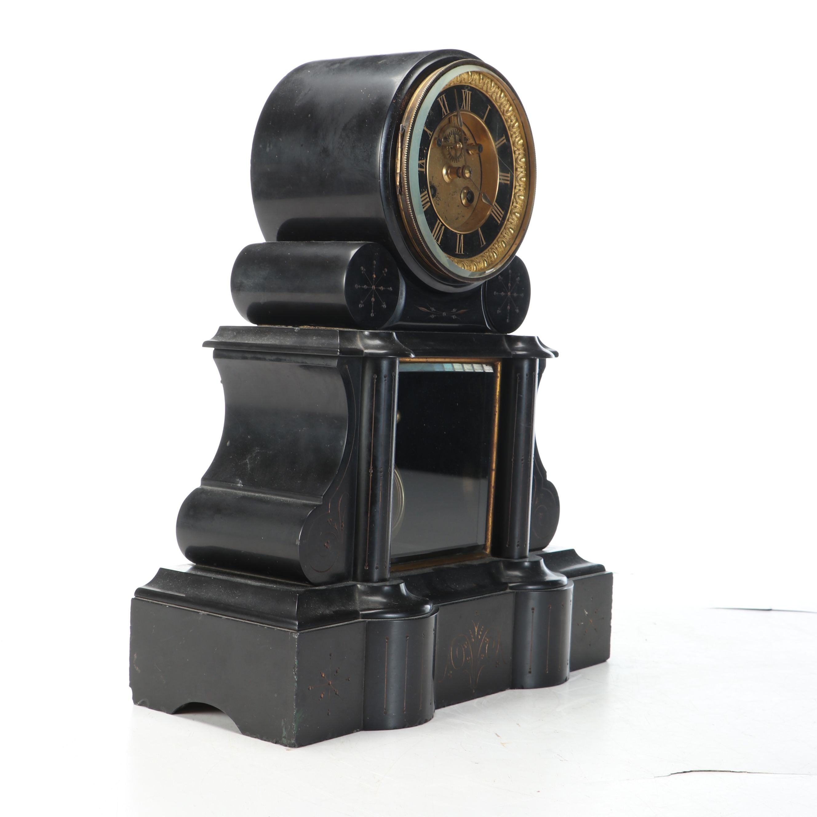 French Style Etched Gilt Slate Mantel Clock, Late 19th/Early 20th Century