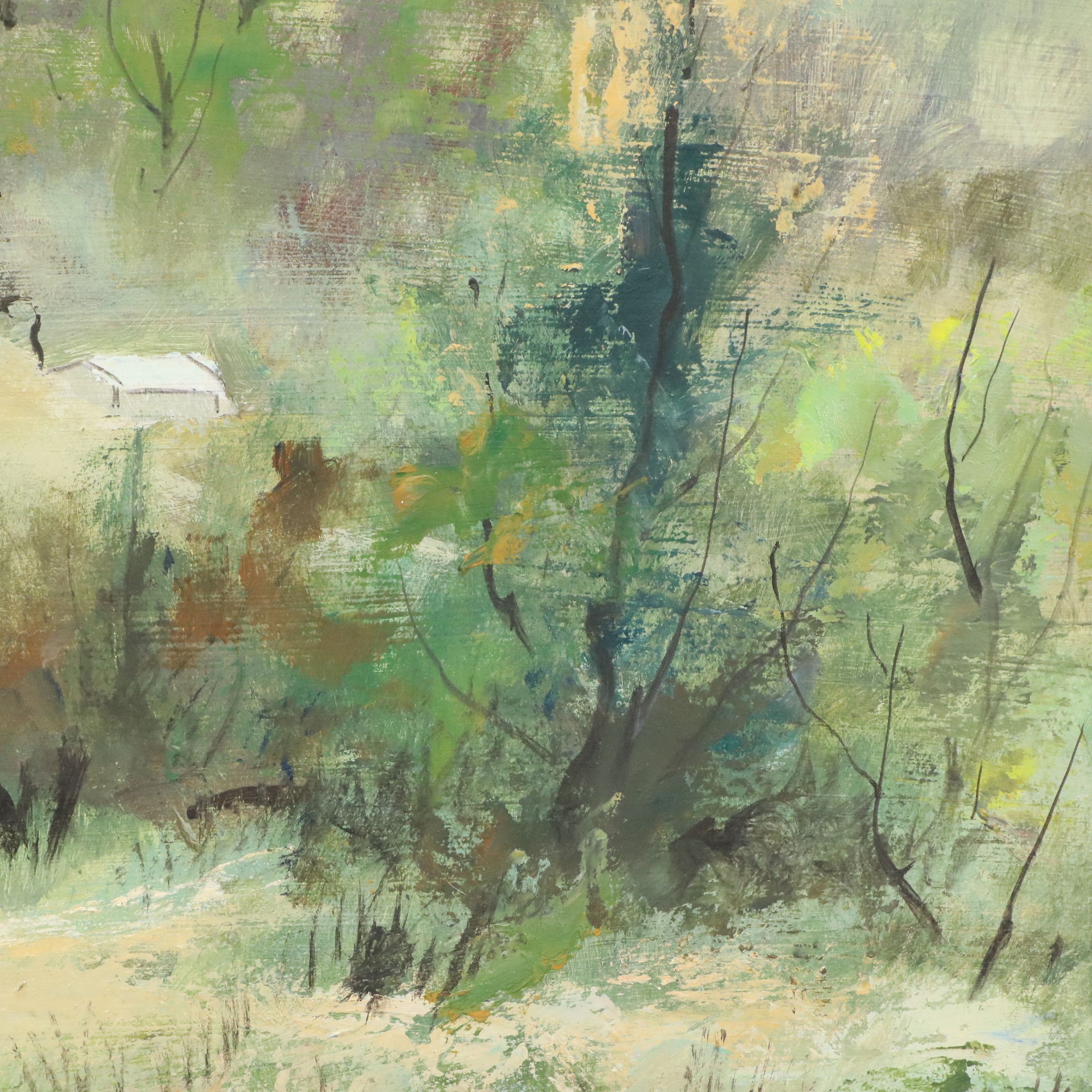 George Schwatcha Jr. Pastoral Scene Landscape Oil Painting, Late 20th Century