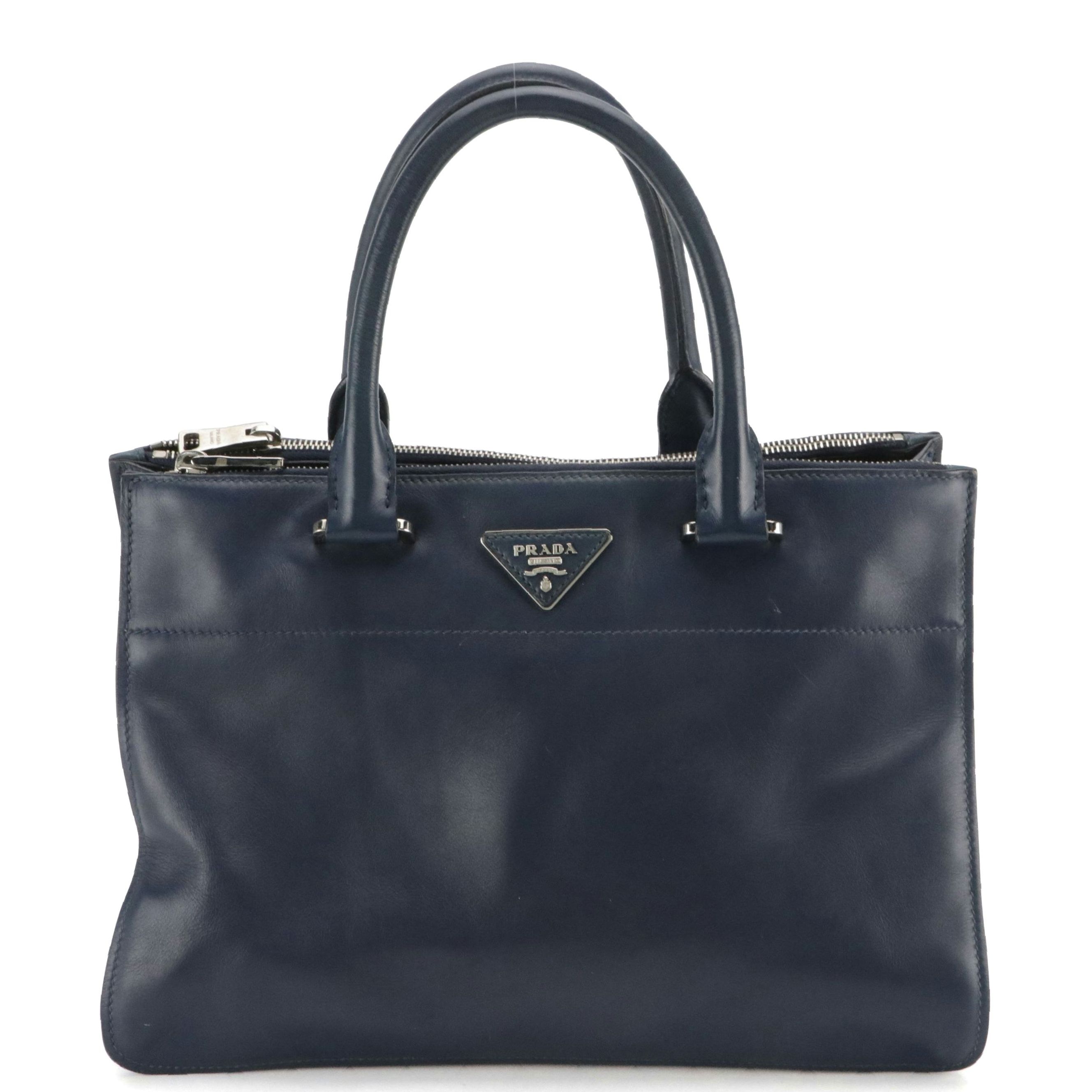 Prada Navy Leather Double Zip Pocket Two-Way Tote Bag