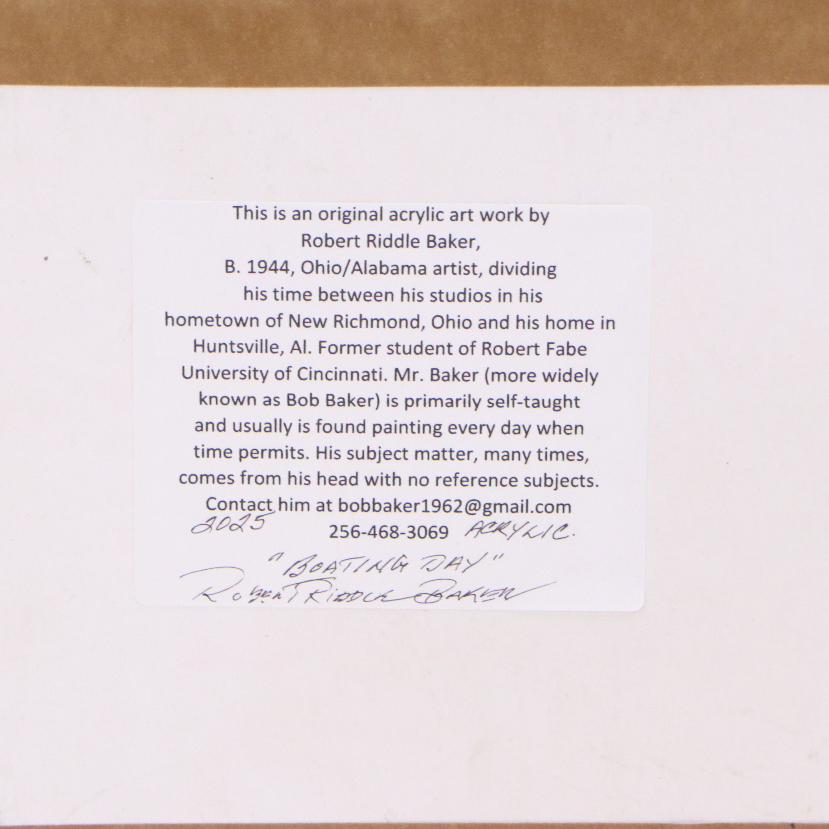 Robert Riddle Baker Acrylic Painting "Boating Day," 2025