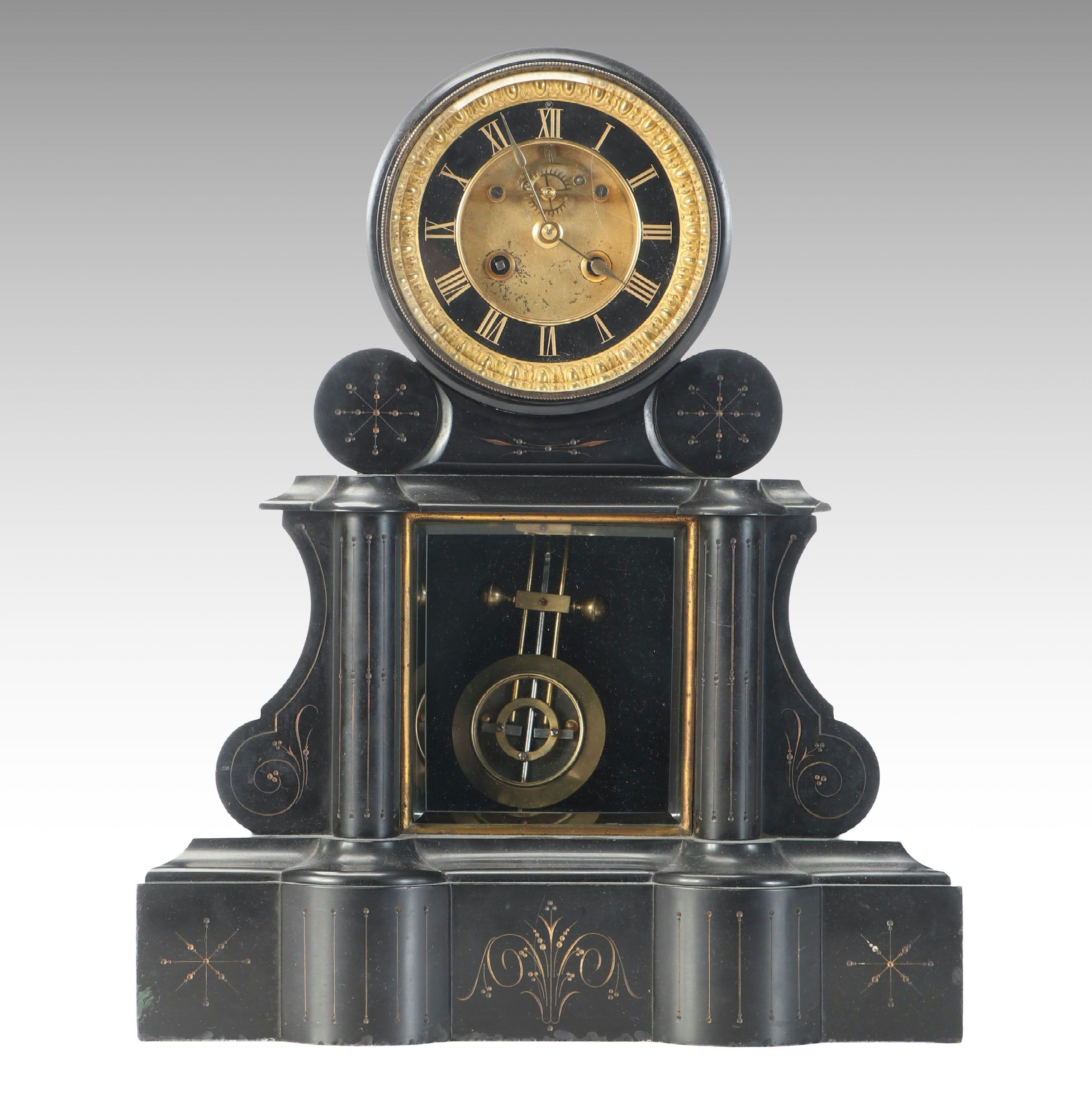 French Style Etched Gilt Slate Mantel Clock, Late 19th/Early 20th Century