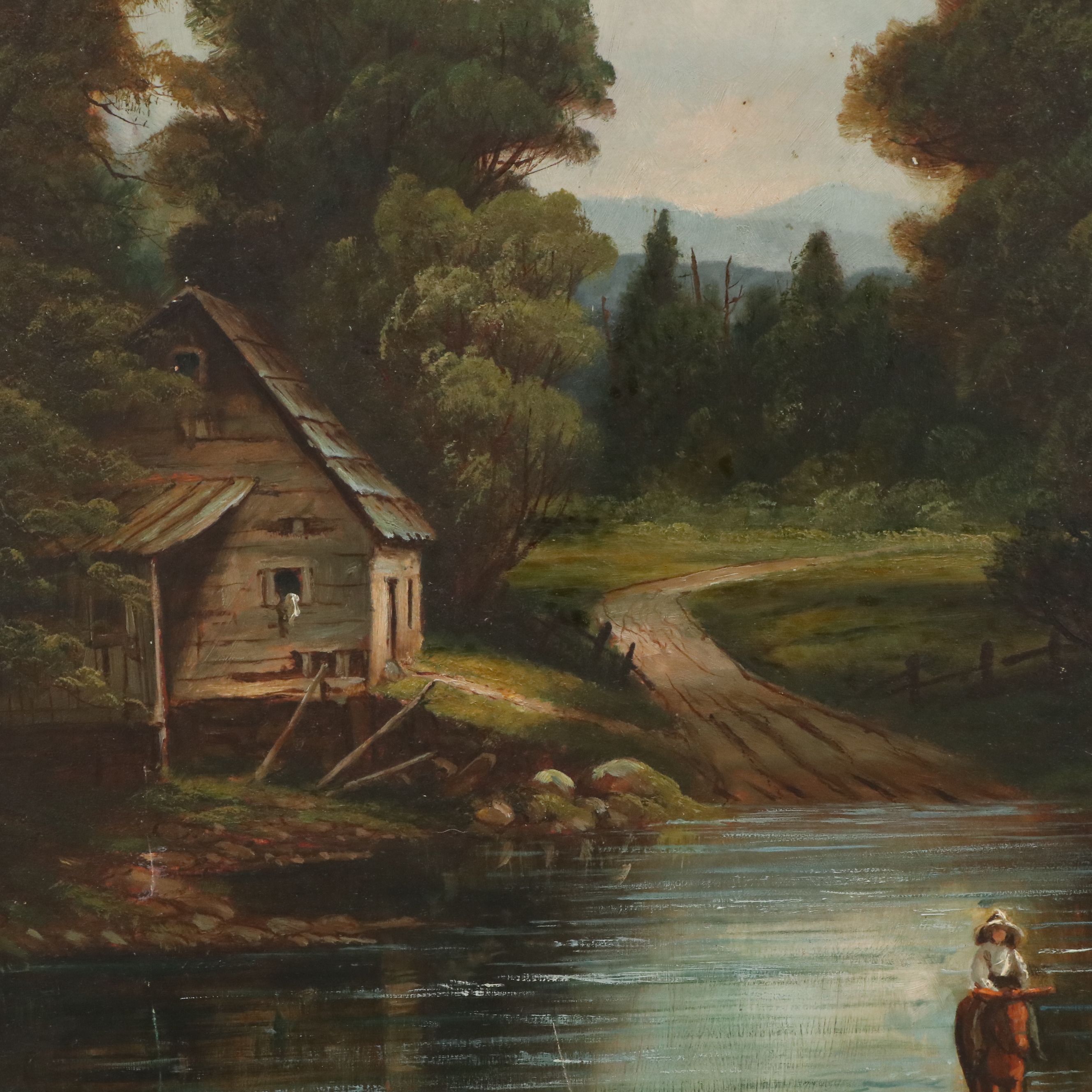 American Pastoral Landscape Oil Painting of River Scene, 19th Century