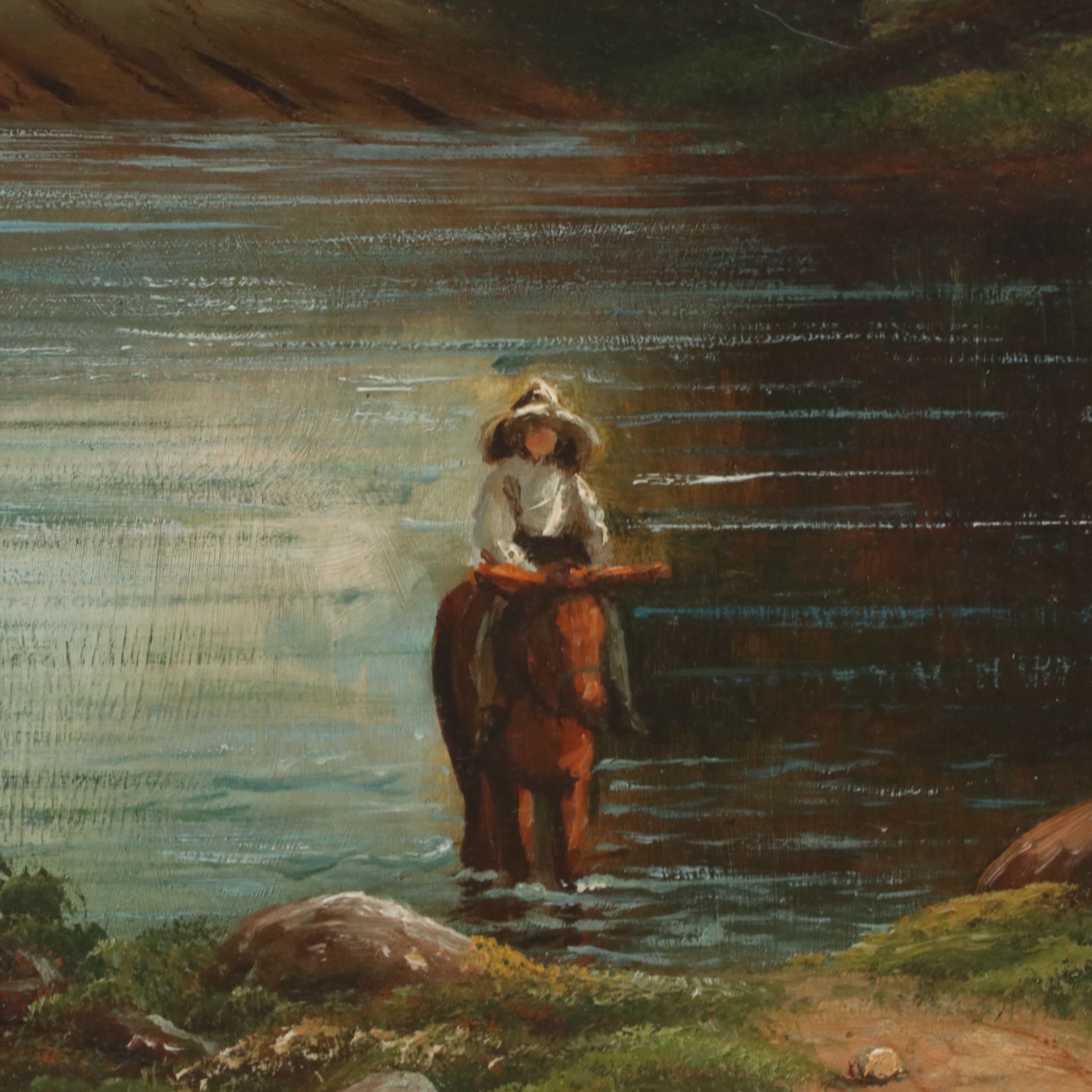 American Pastoral Landscape Oil Painting of River Scene, 19th Century