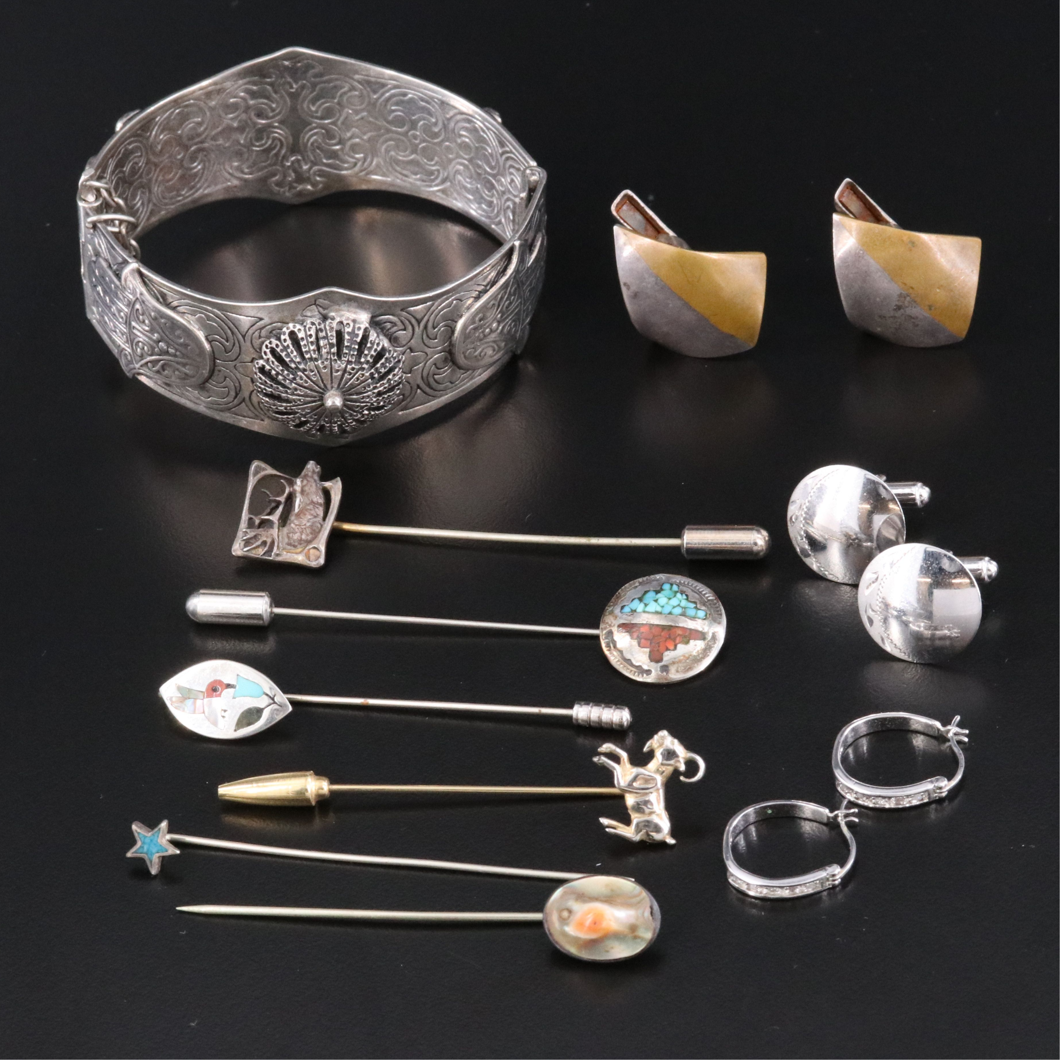 Southwestern Stickpins, Abalone and Coral Featured in Sterling Jewelry