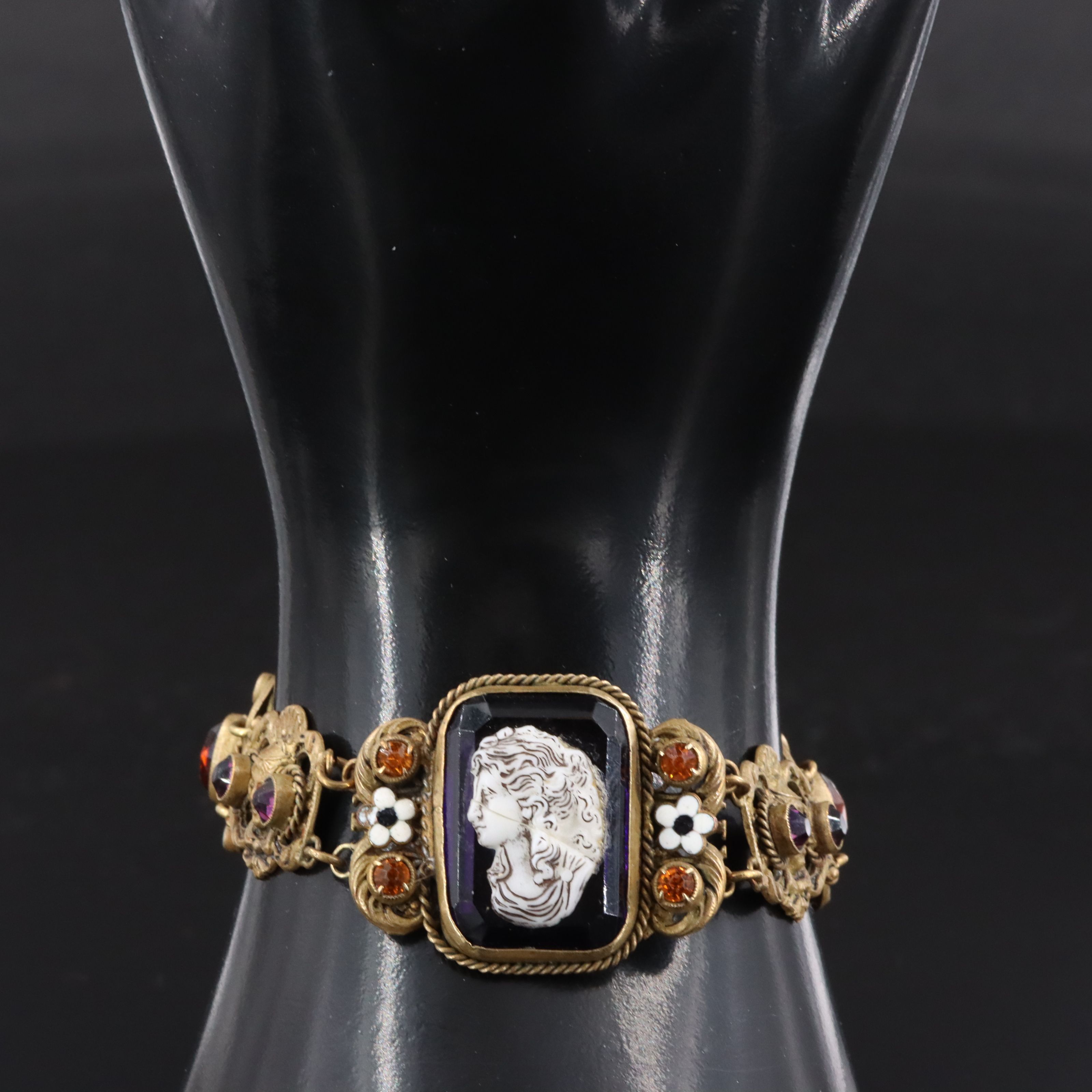 Art Nouveau Style Cameo Bracelet with Amethyst and Amber Glass