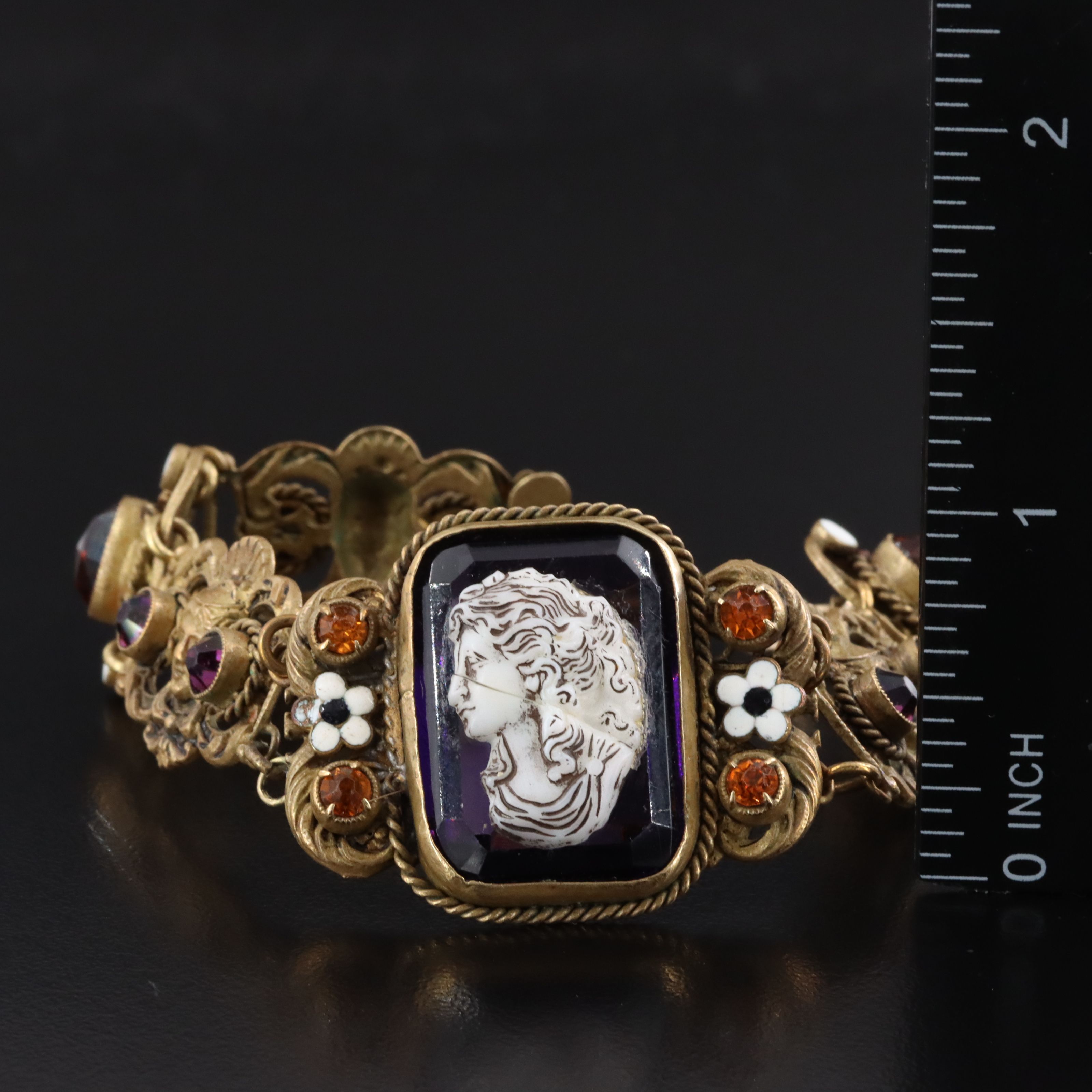 Art Nouveau Style Cameo Bracelet with Amethyst and Amber Glass