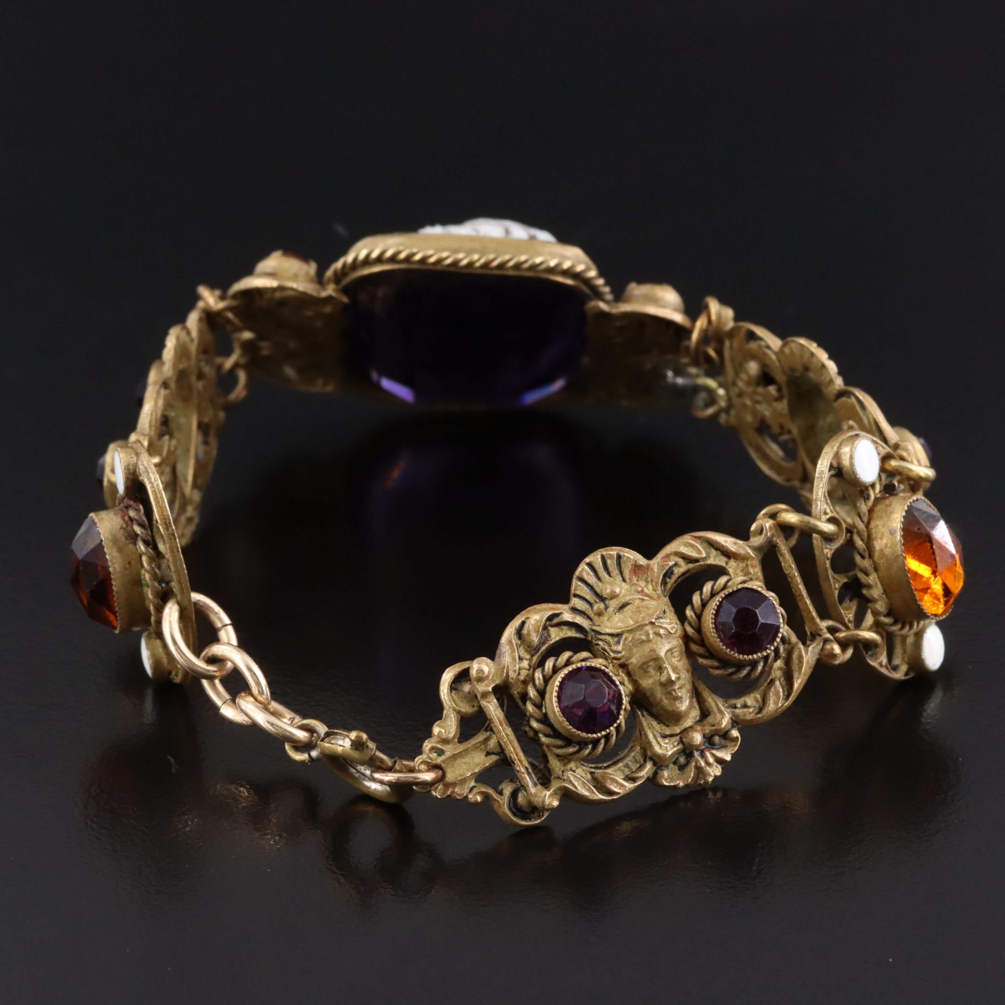 Art Nouveau Style Cameo Bracelet with Amethyst and Amber Glass