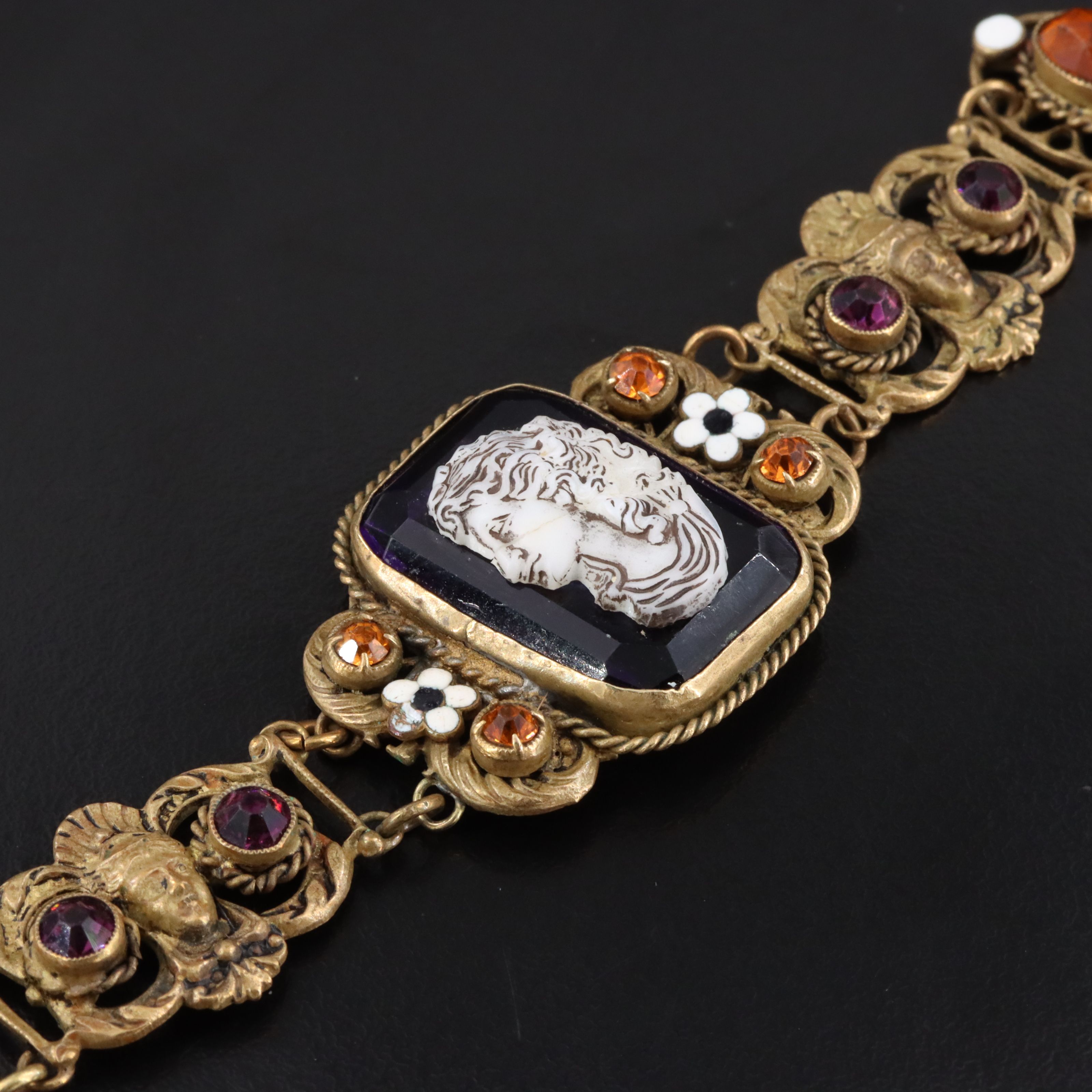 Art Nouveau Style Cameo Bracelet with Amethyst and Amber Glass