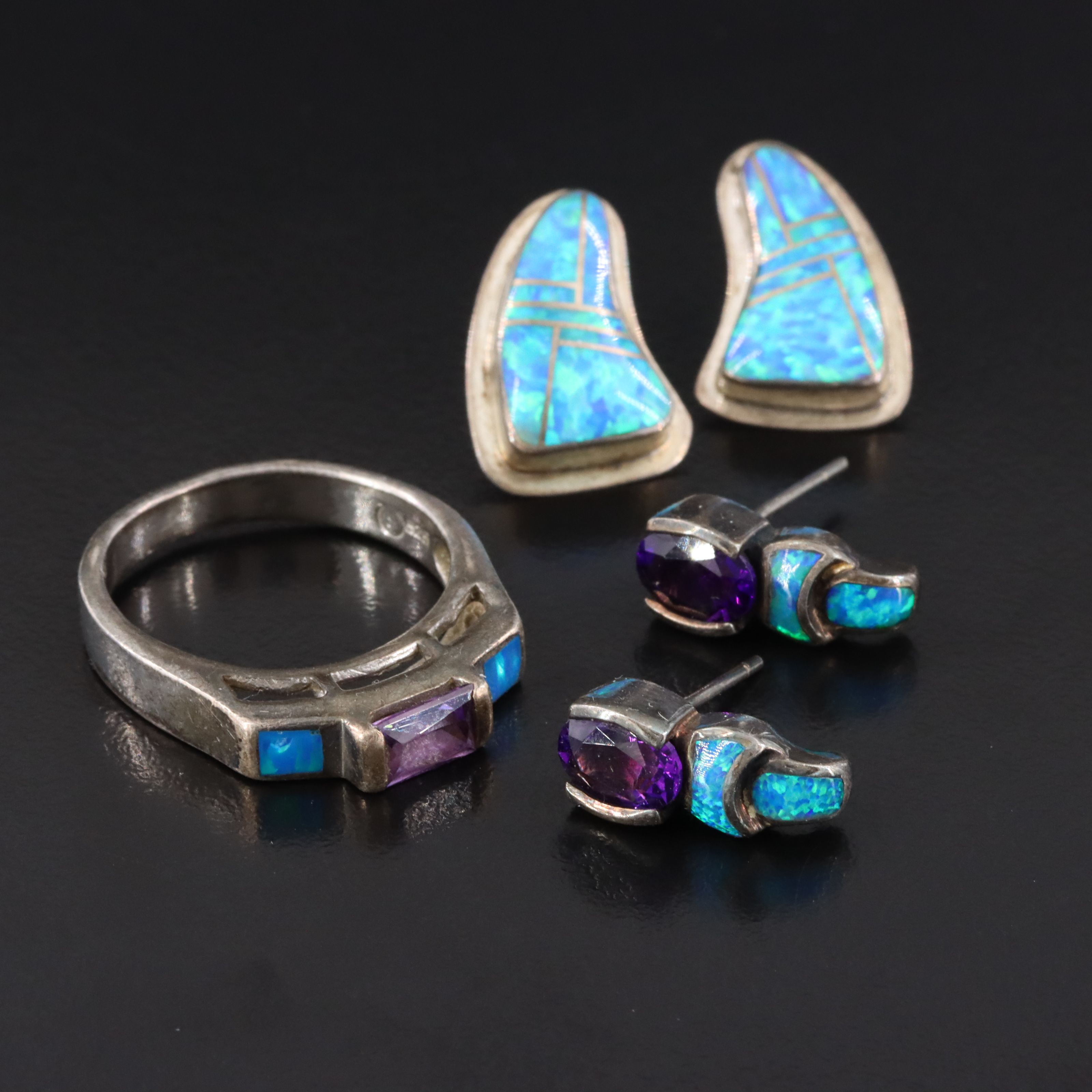 Sterling Opal, Amethyst and Glass Earrings and Ring