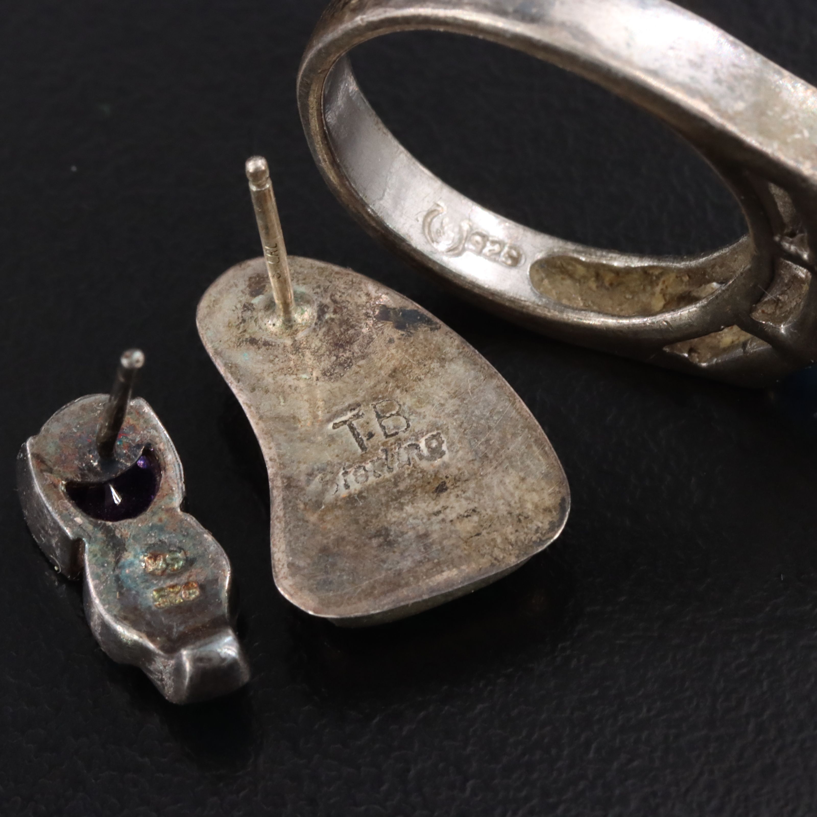 Sterling Opal, Amethyst and Glass Earrings and Ring