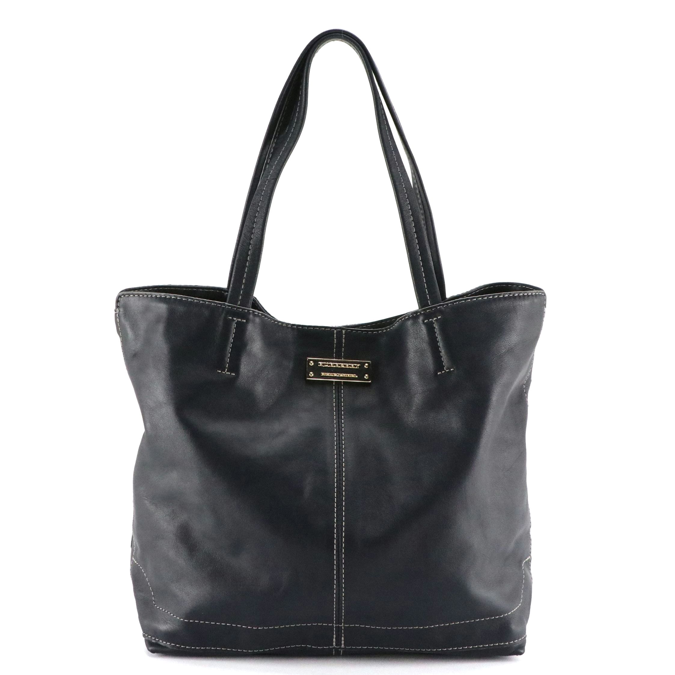 Burberry Blue Label Navy Leather Tote Bag with Contrast Stitching