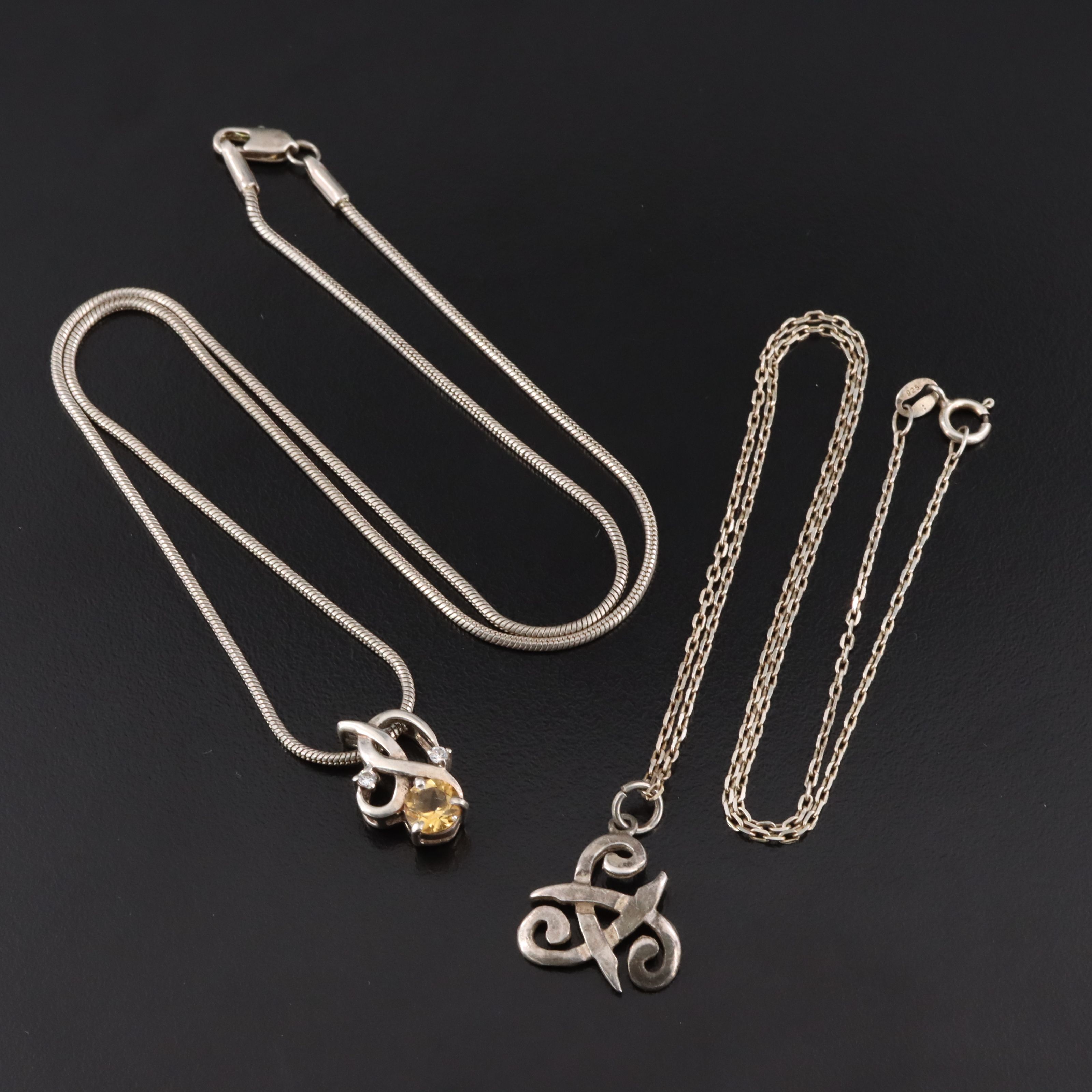 Sterling Citrine and CZ and Trinity Pendant Necklaces