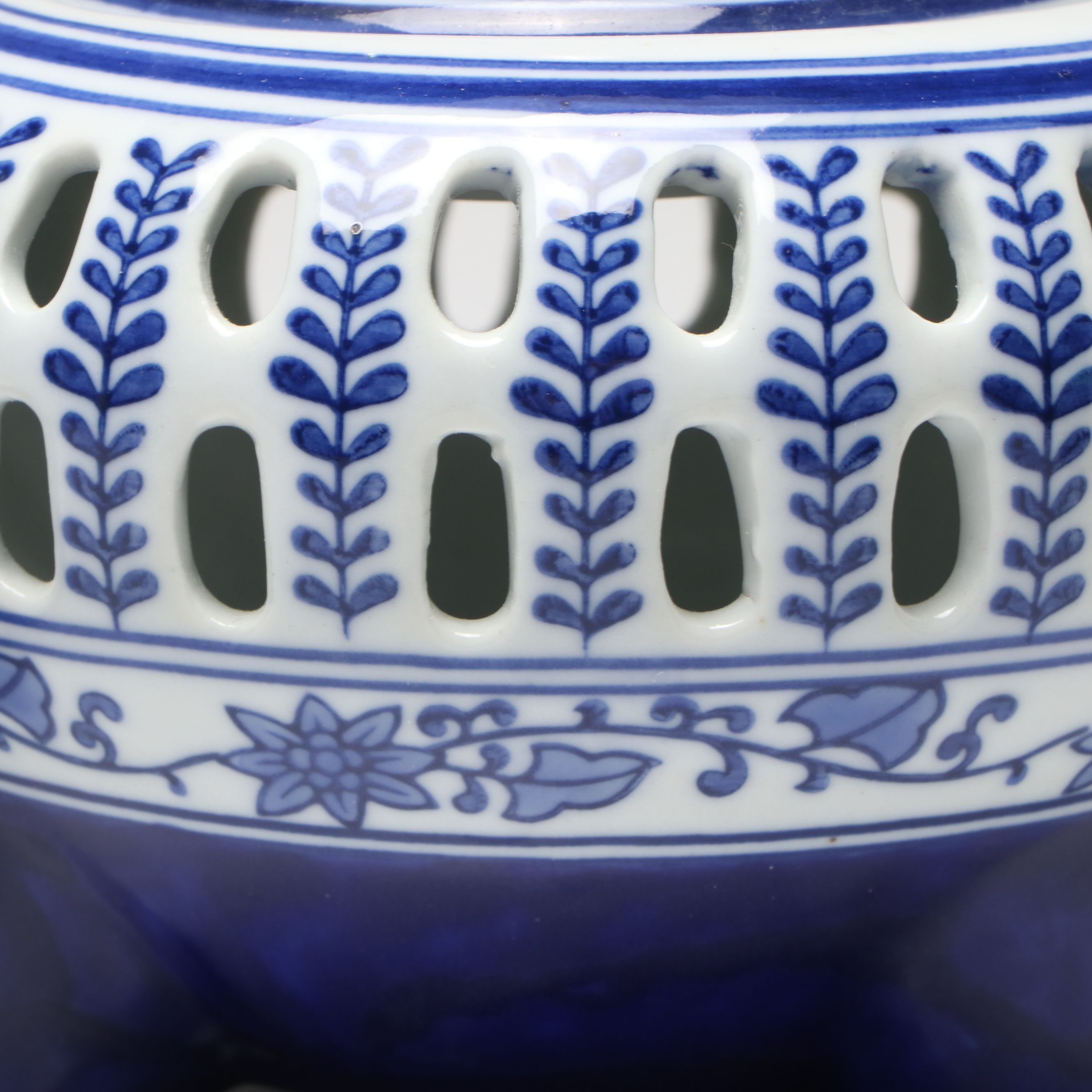 Pair of Bombay Chinese Blue and White Reticulated Porcelain Lidded Vessels