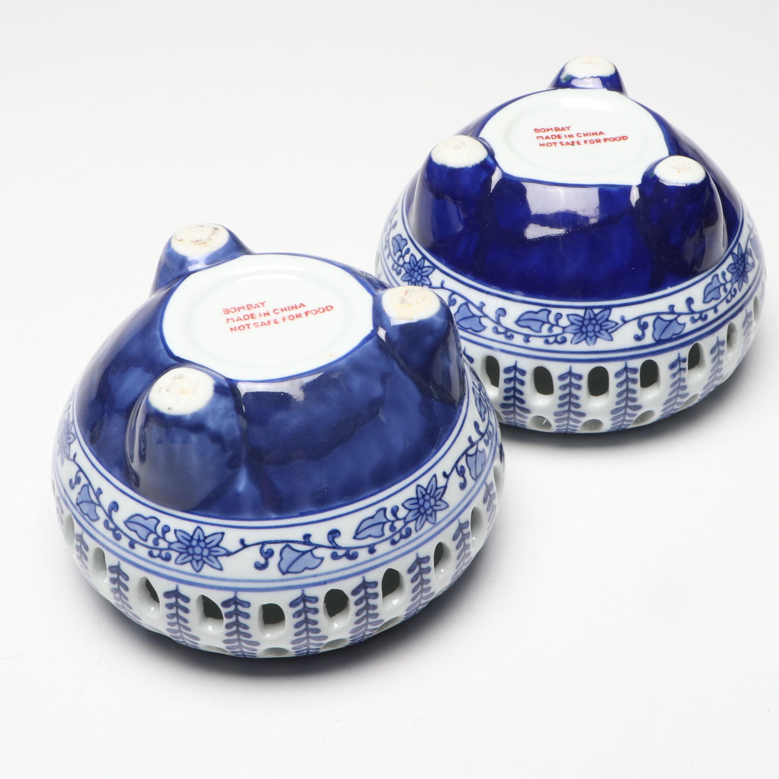 Pair of Bombay Chinese Blue and White Reticulated Porcelain Lidded Vessels
