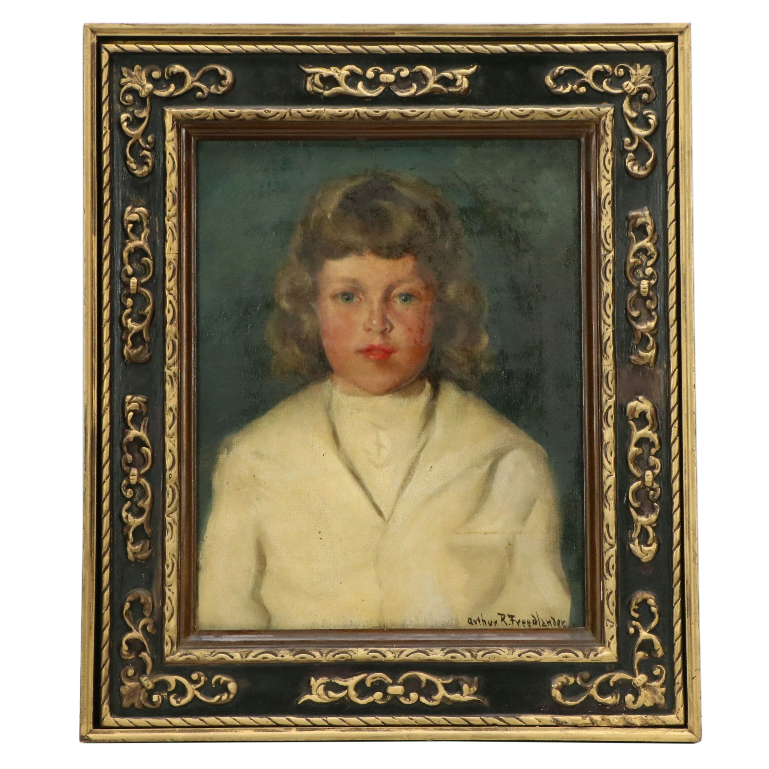 Arthur R. Freedlander Oil Portrait of Young Child in White, Early 20th Century