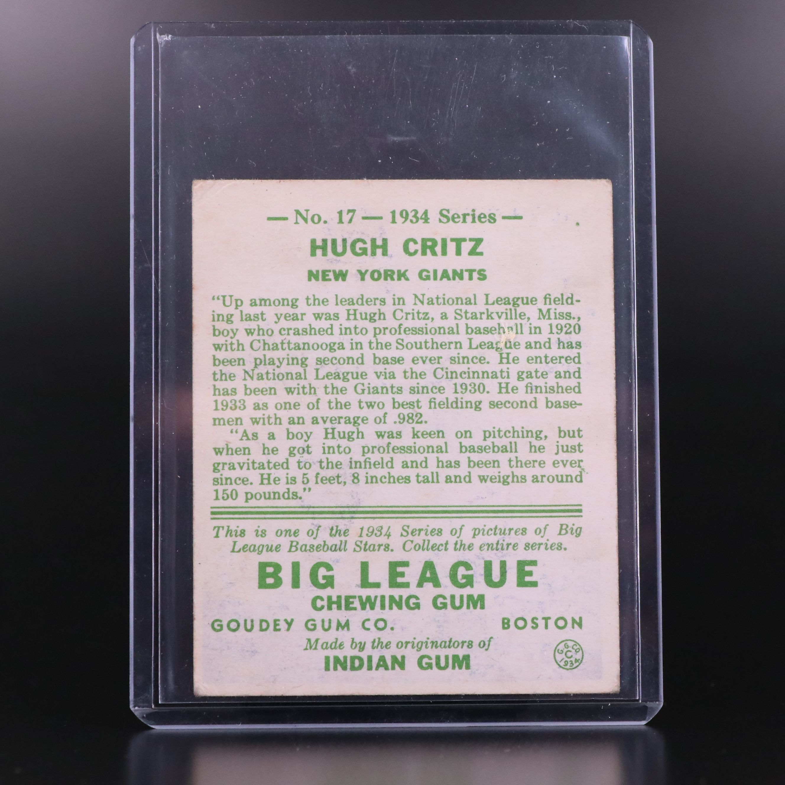 1934 Goudey Hugh Critz New York Giants Baseball Card