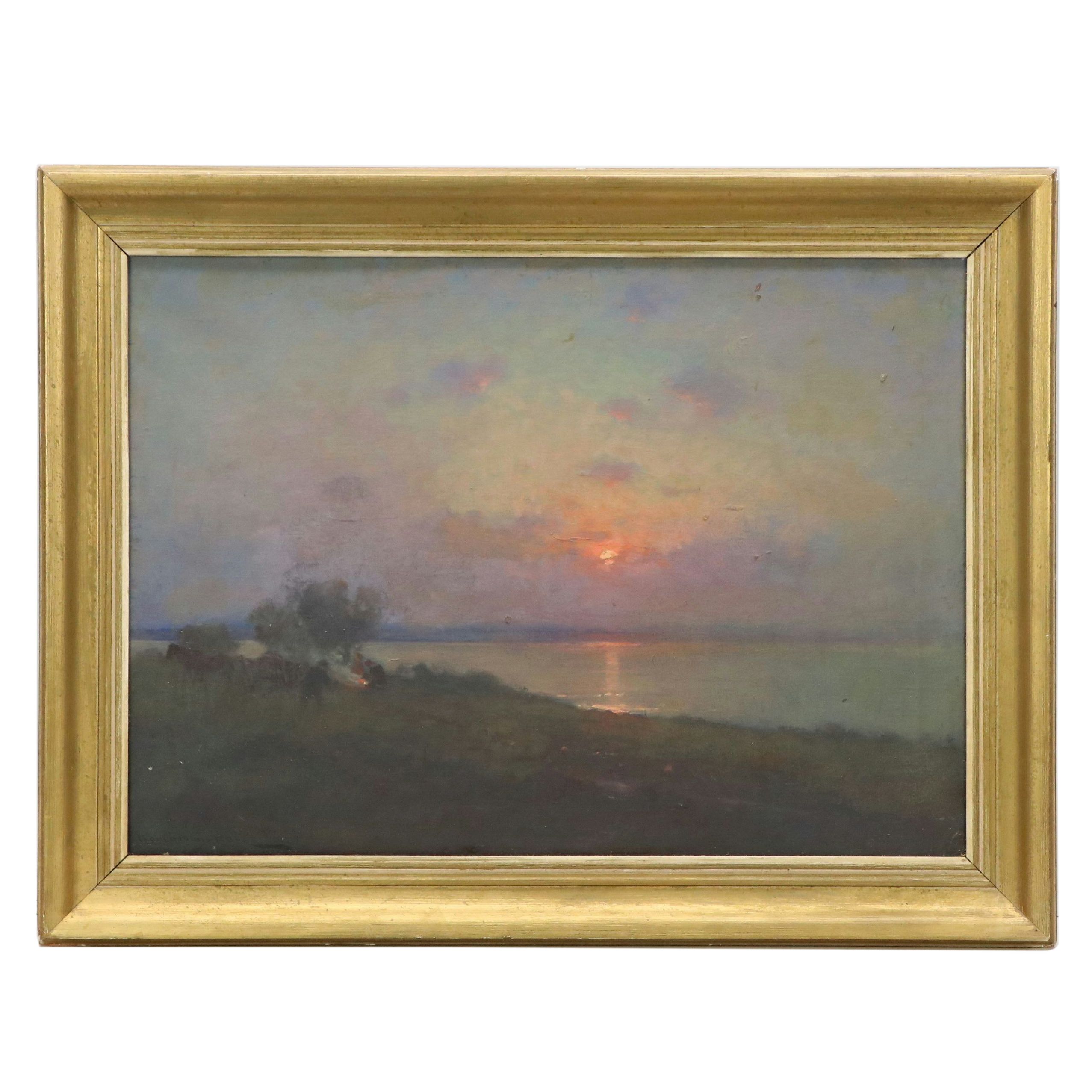 Endre Komaromi-Kacz Oil Painting of Campfire at Dusk, Early to Mid-20th Century