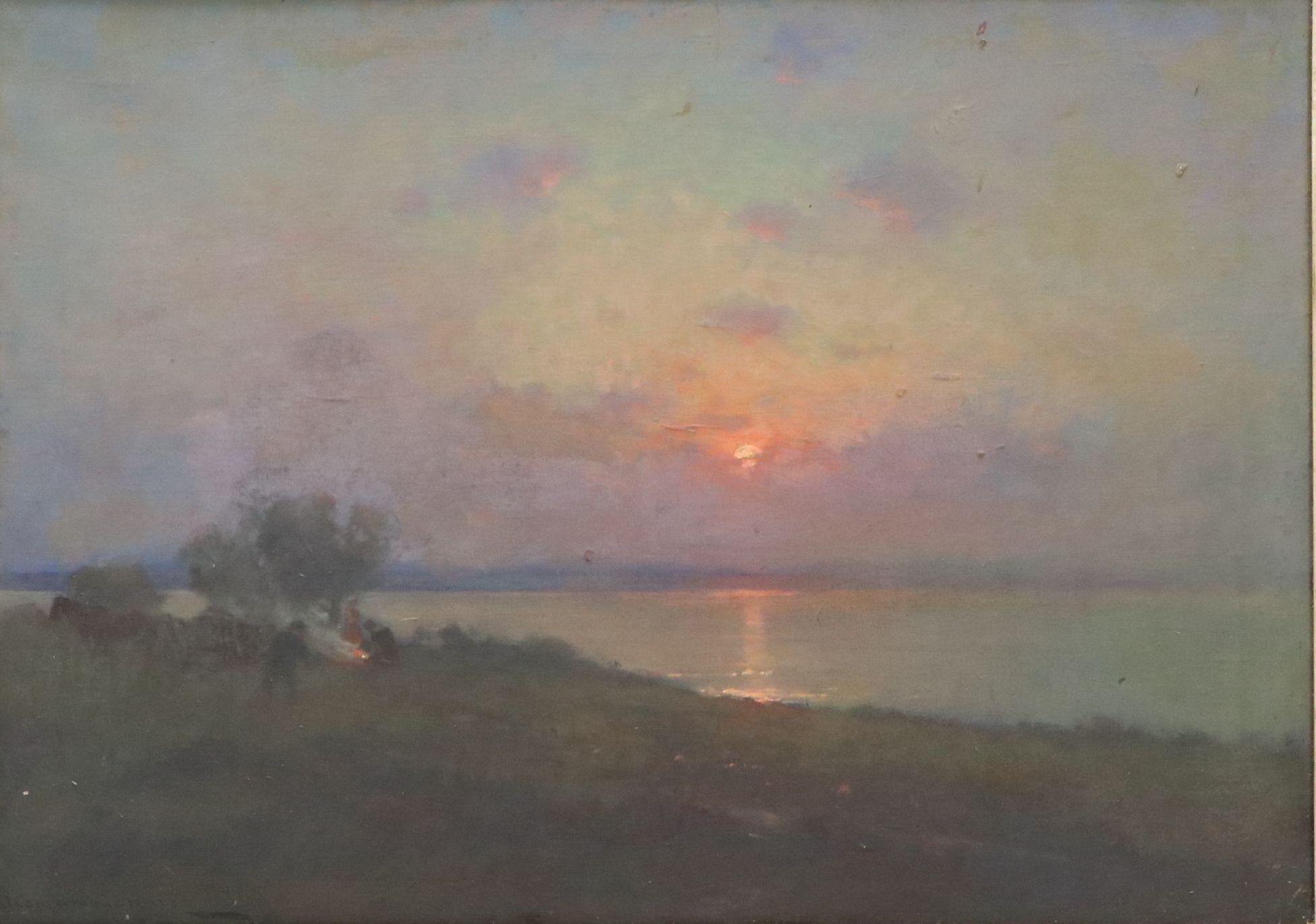 Endre Komaromi-Kacz Oil Painting of Campfire at Dusk, Early to Mid-20th Century