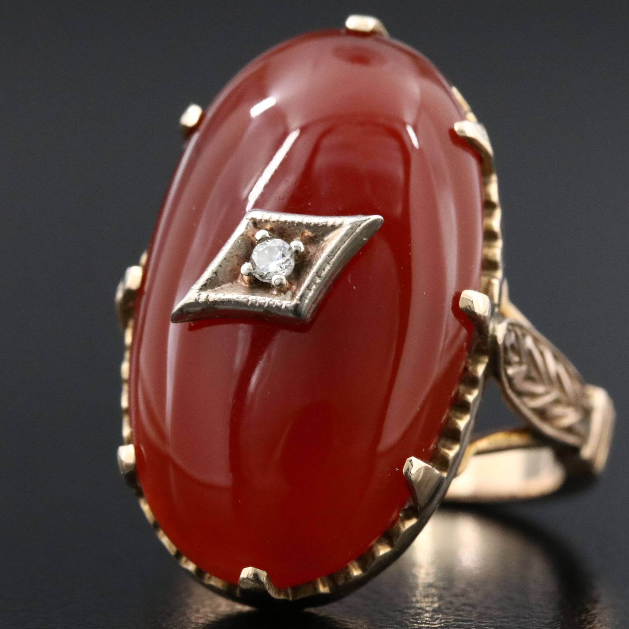 Vintage 10K Carnelian and Diamond Ring