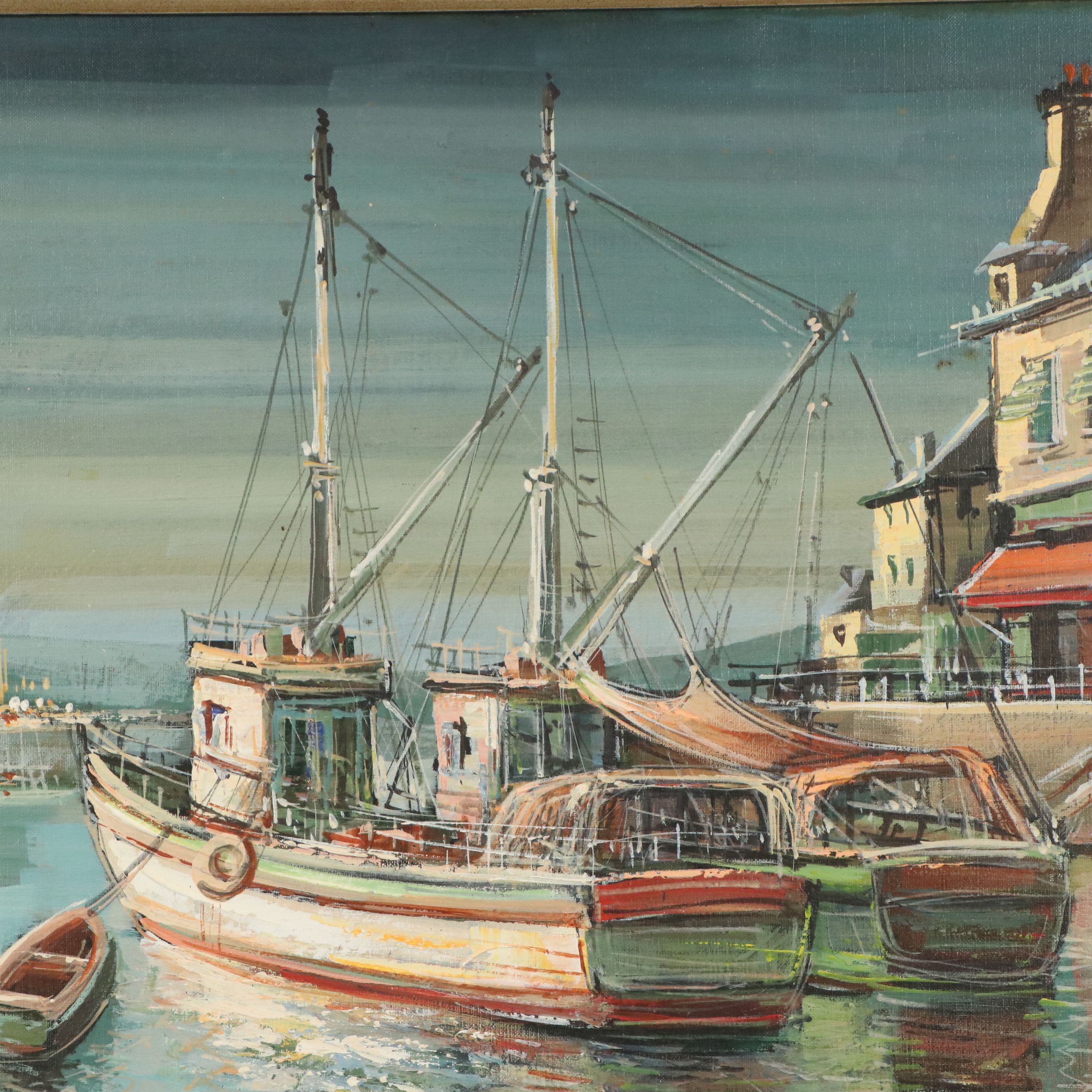 Parisian Harbor Scene Oil Painting "Bateaux - Pêche - Norandie," 1975