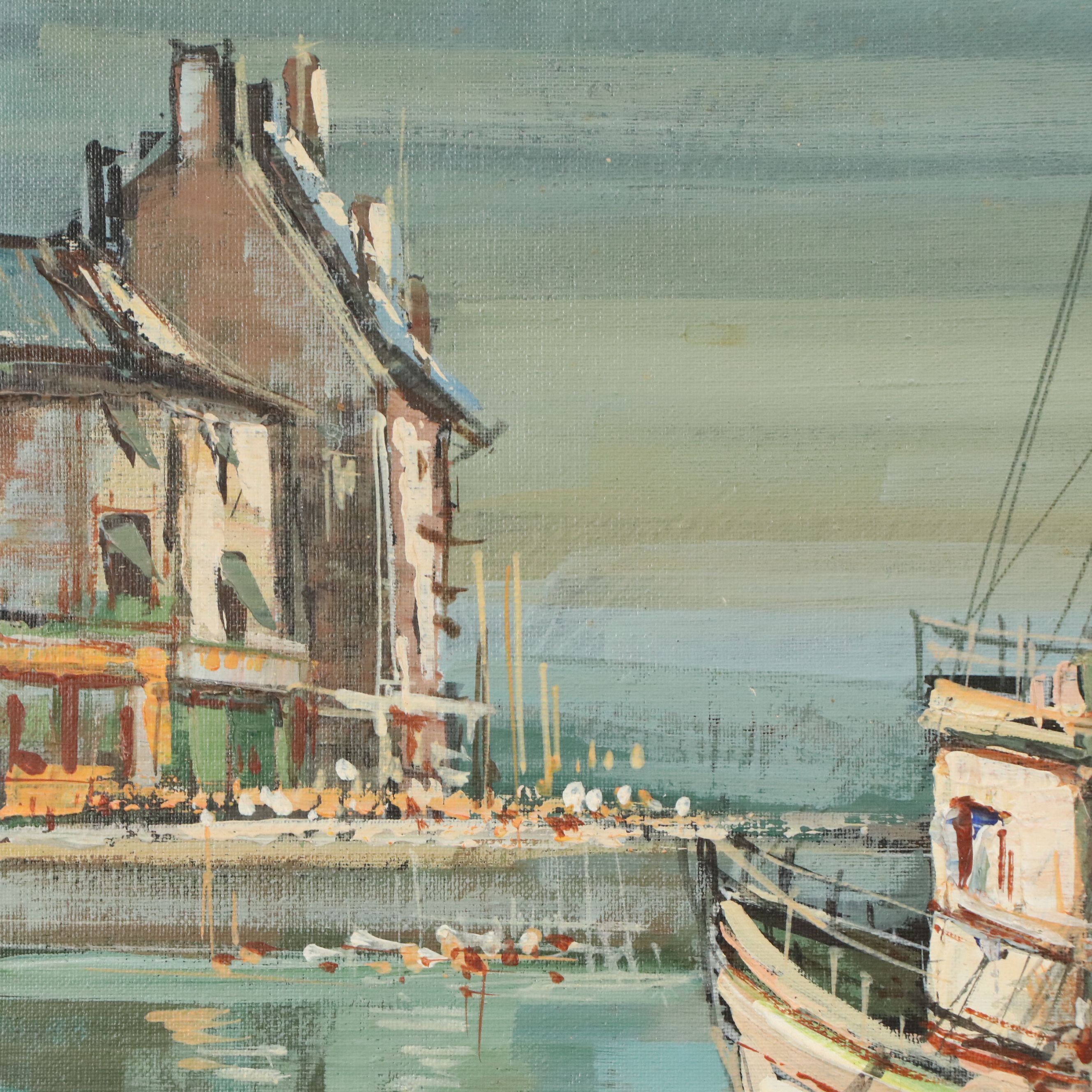 Parisian Harbor Scene Oil Painting "Bateaux - Pêche - Norandie," 1975