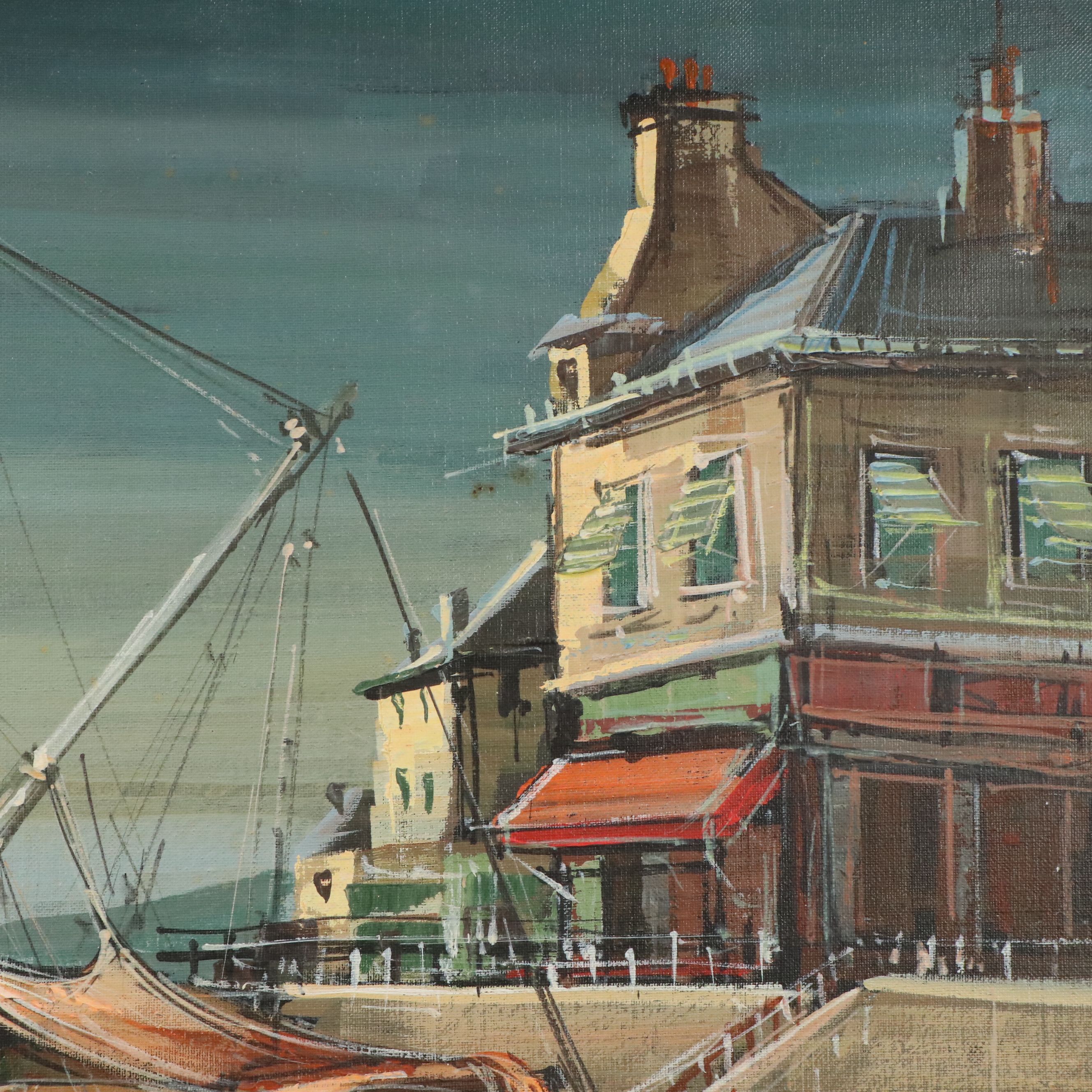 Parisian Harbor Scene Oil Painting "Bateaux - Pêche - Norandie," 1975