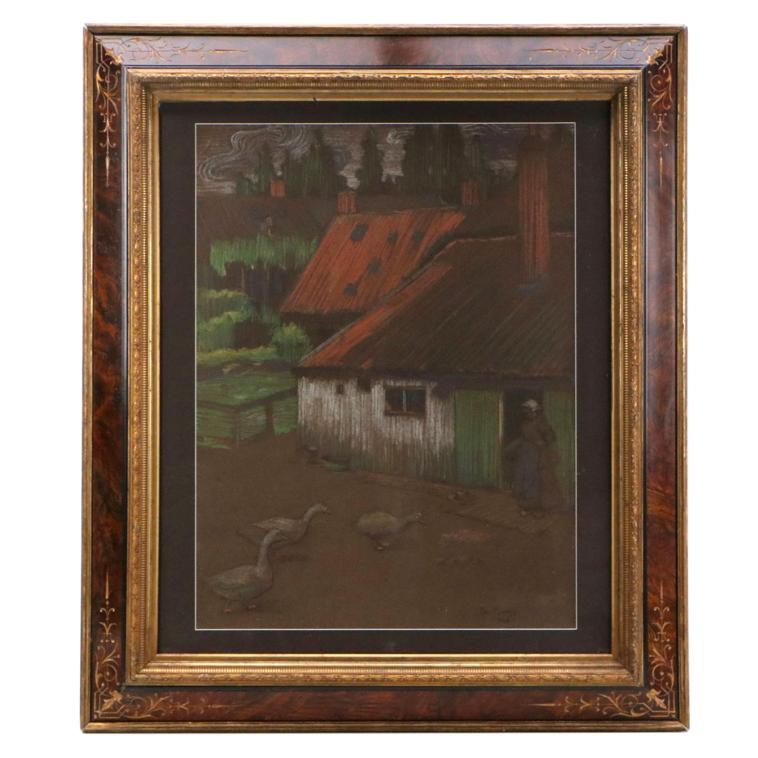 Alice Murphy Chalk Pastel Drawing of Farm Scene with Geese, 1903
