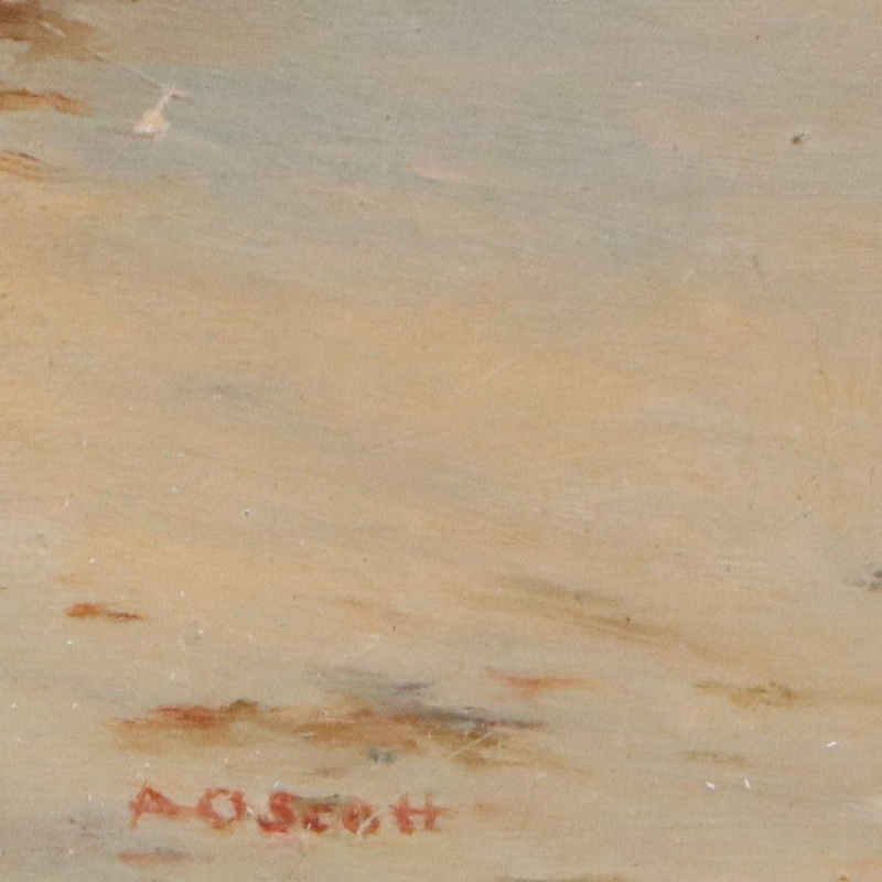 A. O. Scott Coastal Landscape Oil Painting of Figures on Beach Scene