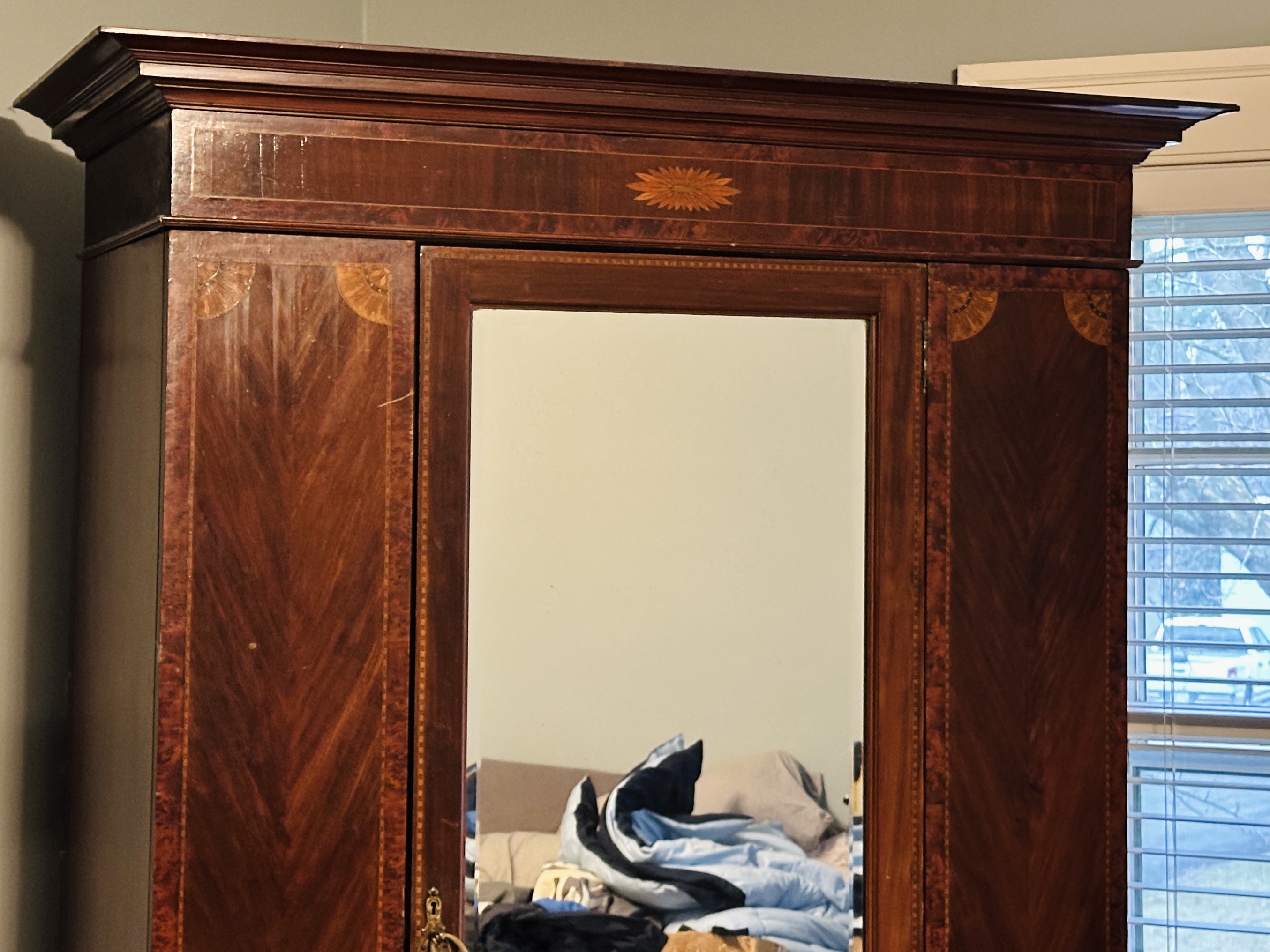 Edwardian Mahogany Mirror Front Wardrobe with Adams Style Mixed Wood Inlay