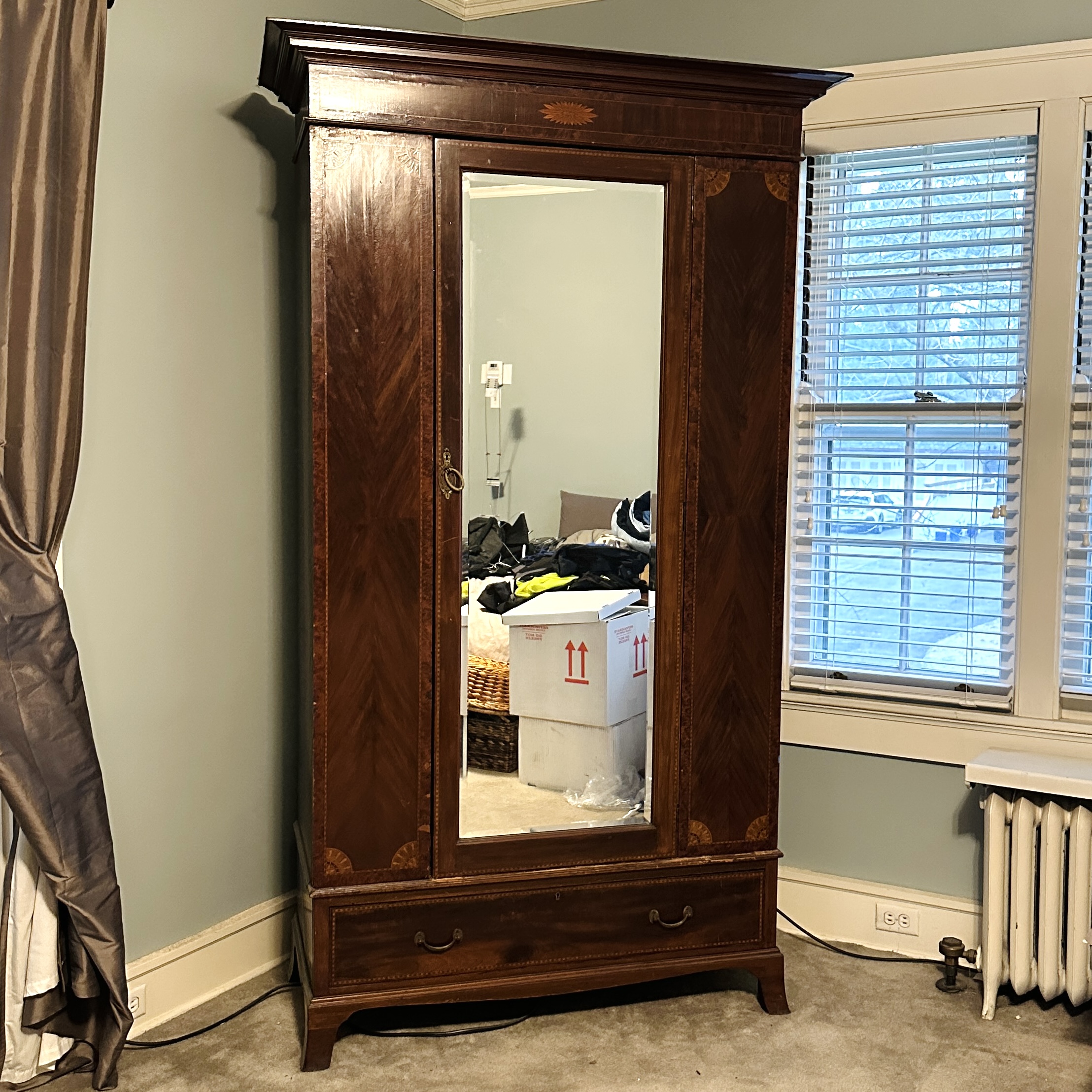 Edwardian Mahogany Mirror Front Wardrobe with Adams Style Mixed Wood Inlay