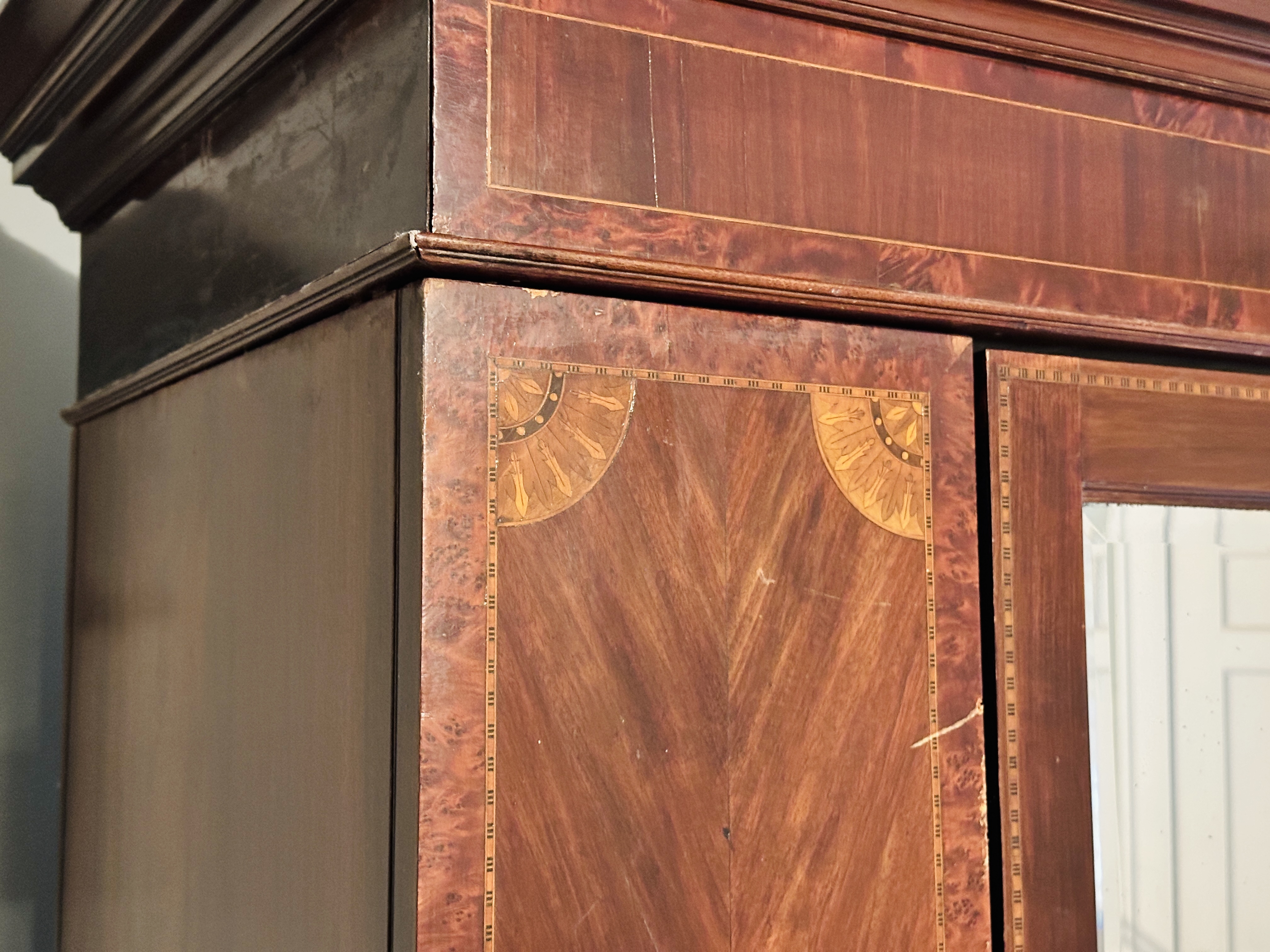 Edwardian Mahogany Mirror Front Wardrobe with Adams Style Mixed Wood Inlay