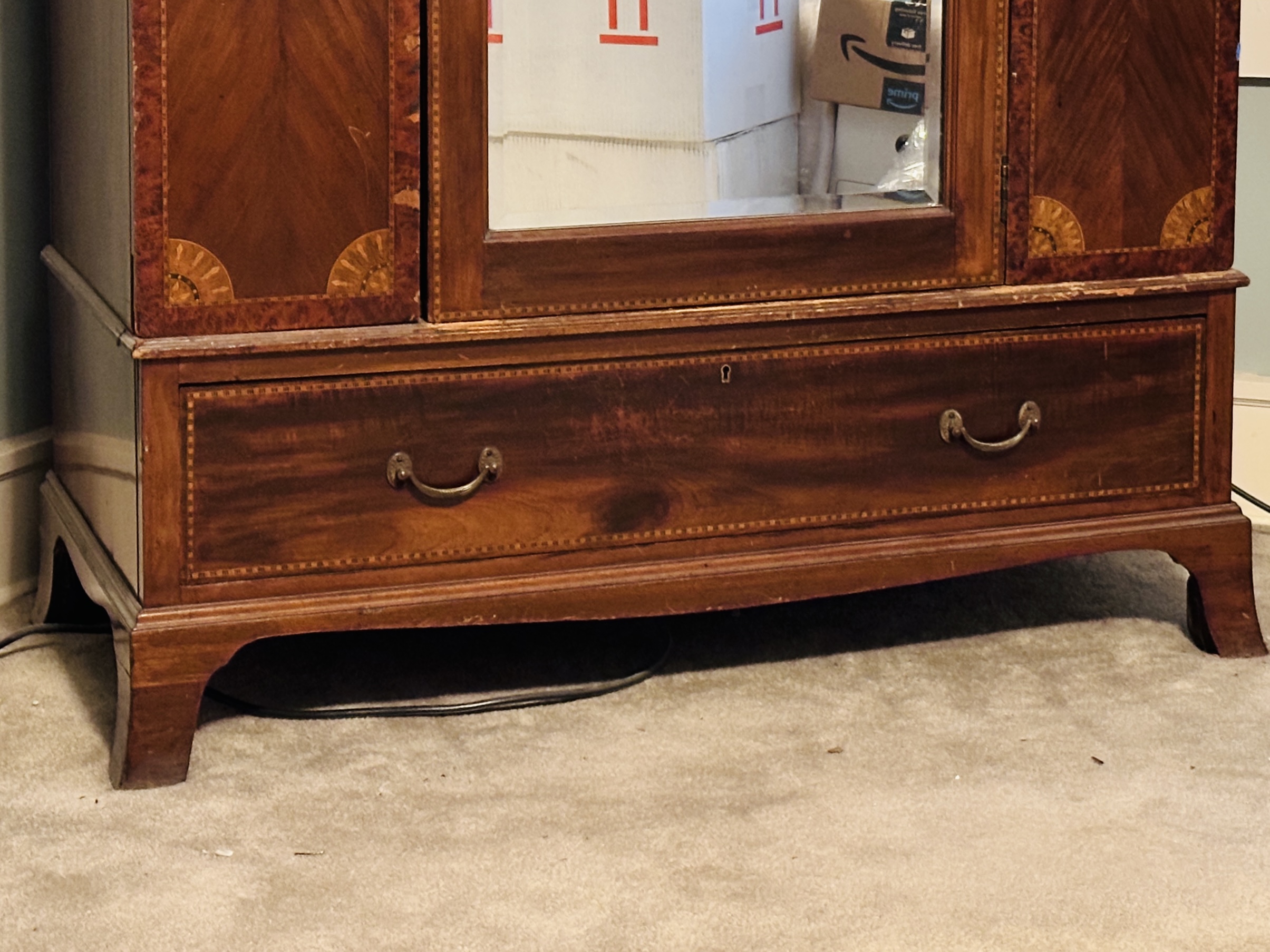 Edwardian Mahogany Mirror Front Wardrobe with Adams Style Mixed Wood Inlay