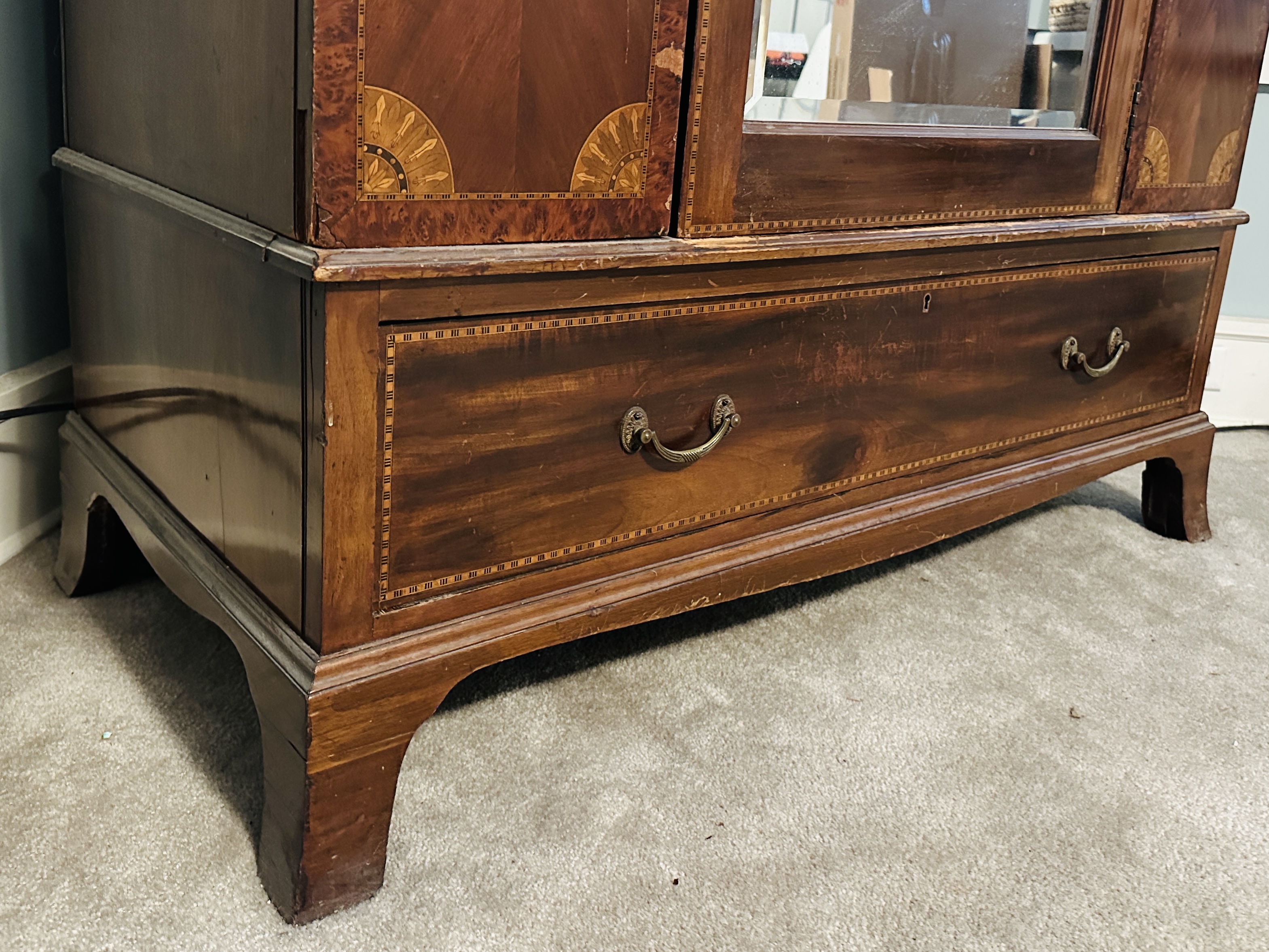 Edwardian Mahogany Mirror Front Wardrobe with Adams Style Mixed Wood Inlay