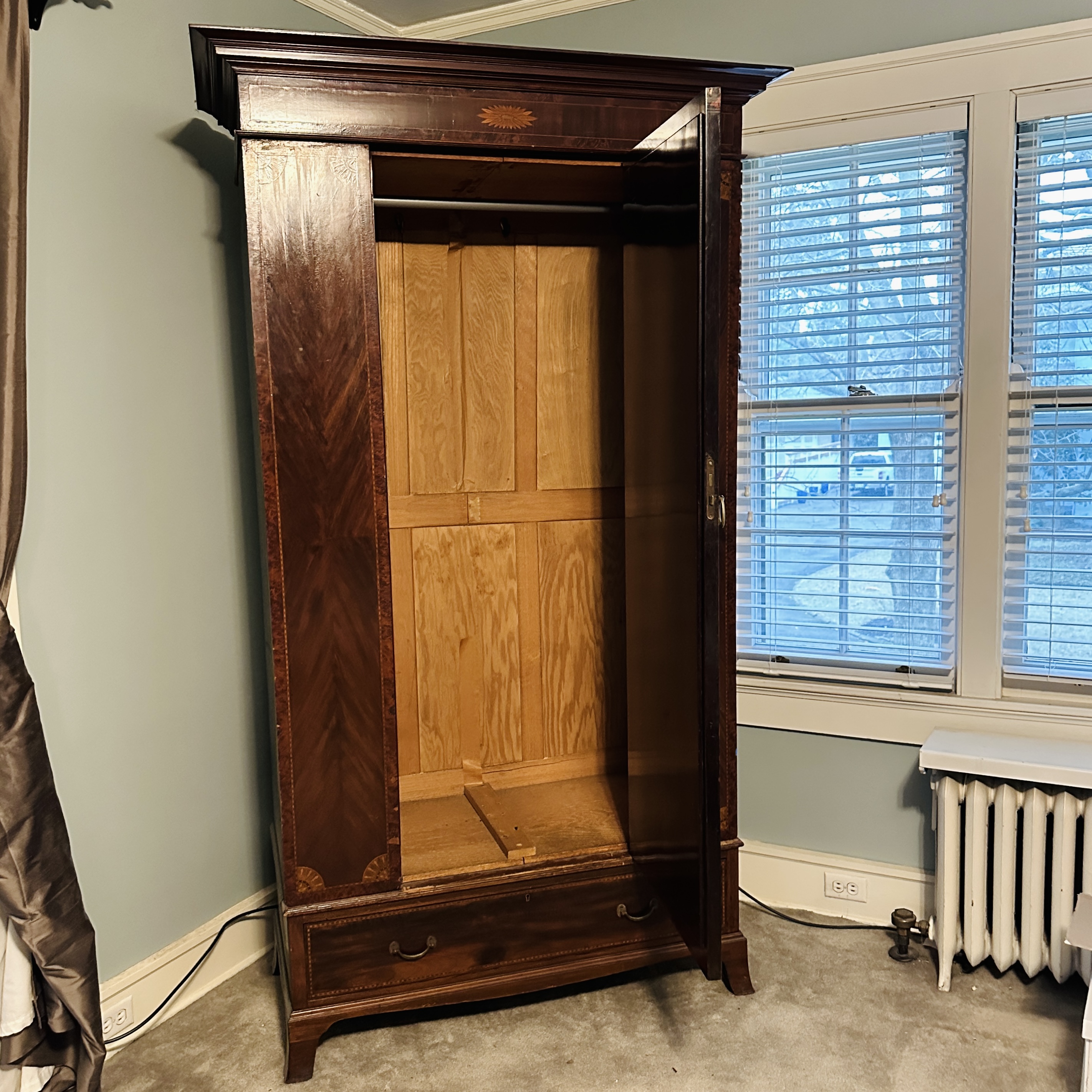 Edwardian Mahogany Mirror Front Wardrobe with Adams Style Mixed Wood Inlay