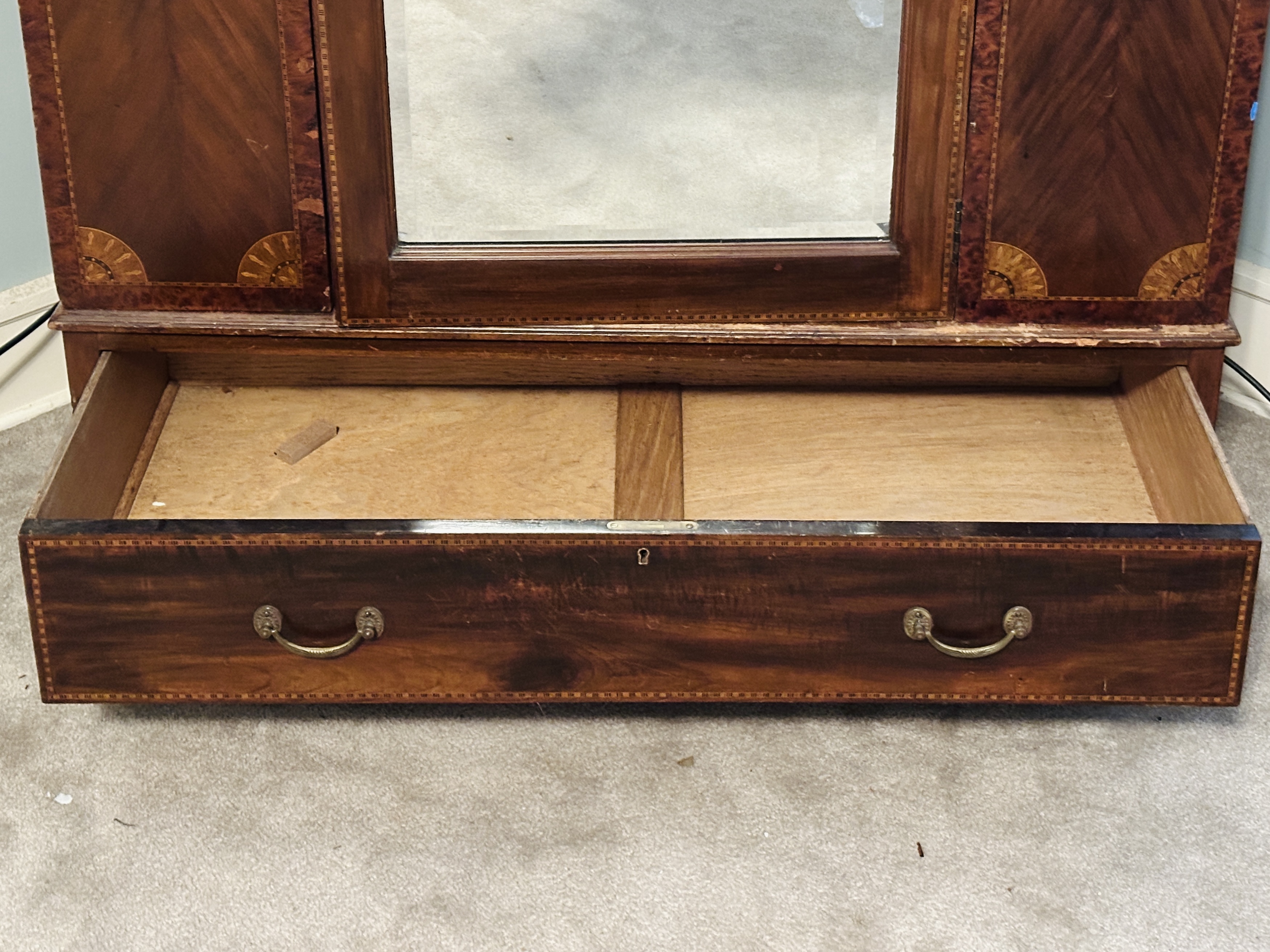 Edwardian Mahogany Mirror Front Wardrobe with Adams Style Mixed Wood Inlay