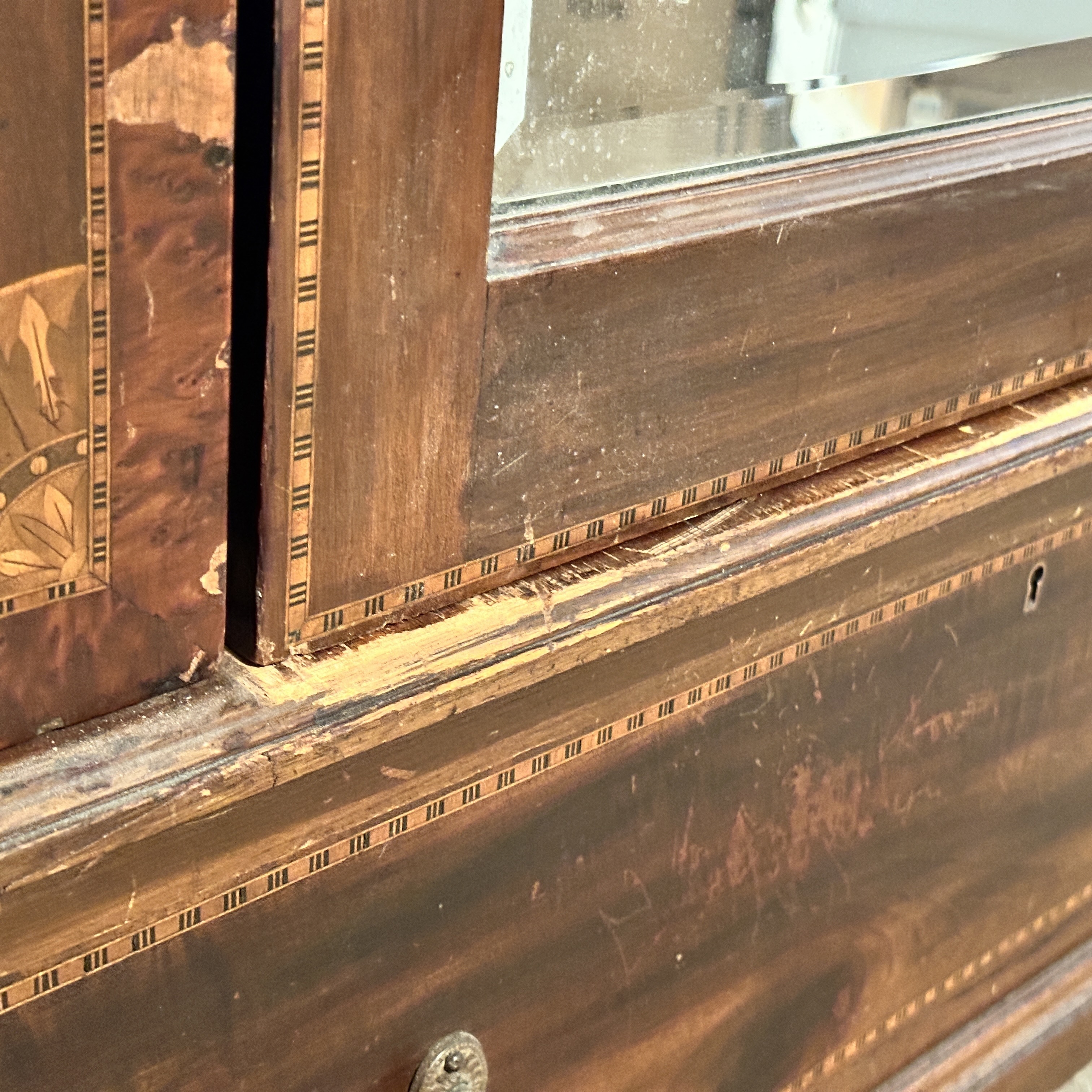 Edwardian Mahogany Mirror Front Wardrobe with Adams Style Mixed Wood Inlay