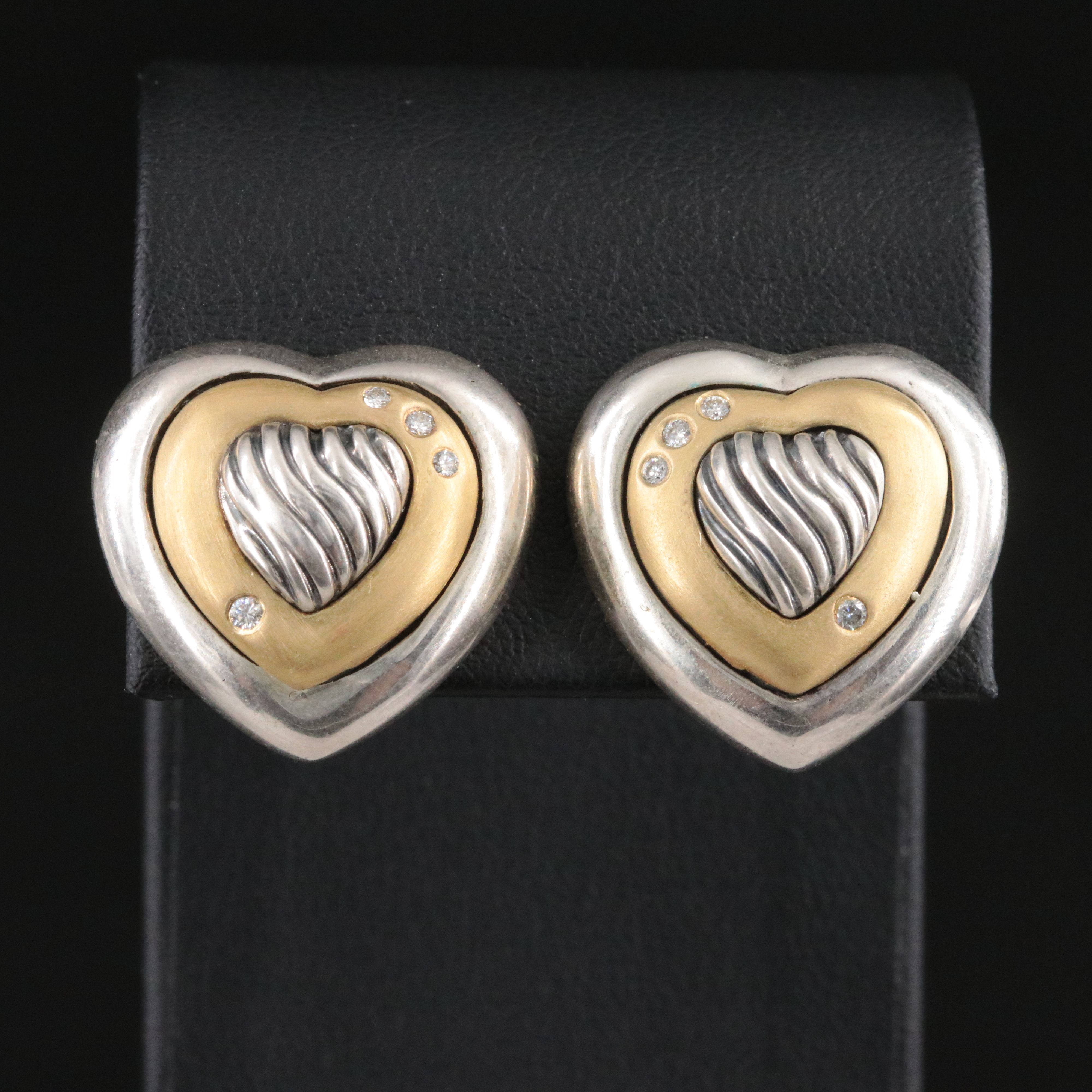 David Yurman Thoroughbred Sterling, 18K Diamond Heart Clip Earrings