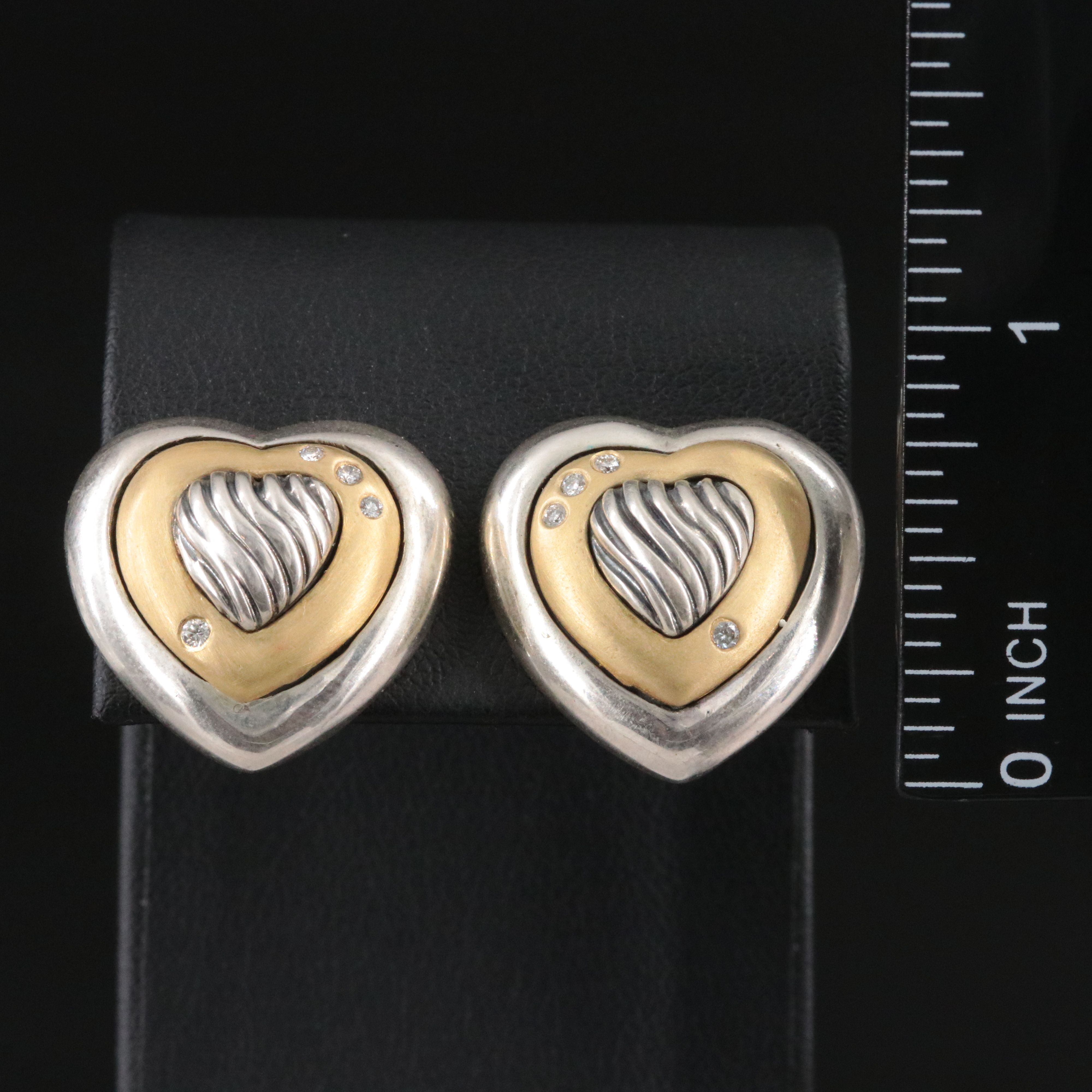 David Yurman Thoroughbred Sterling, 18K Diamond Heart Clip Earrings